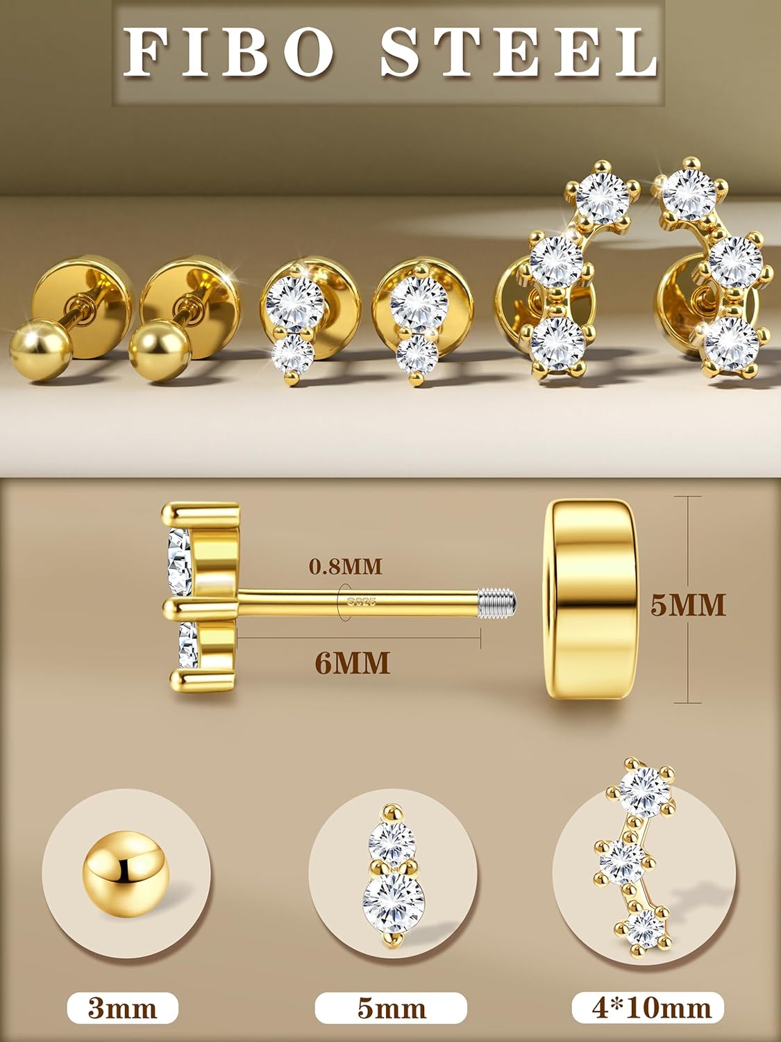 S925 Sterling Silver Flat Back Earrings for Women Hypoallergenic - 14K Gold Plated Flatback Stud Earrings Cartilage Helix Tragus Conch Piercing Jewelry 3 Pairs Dainty CZ Butterfly Studs - Image 5