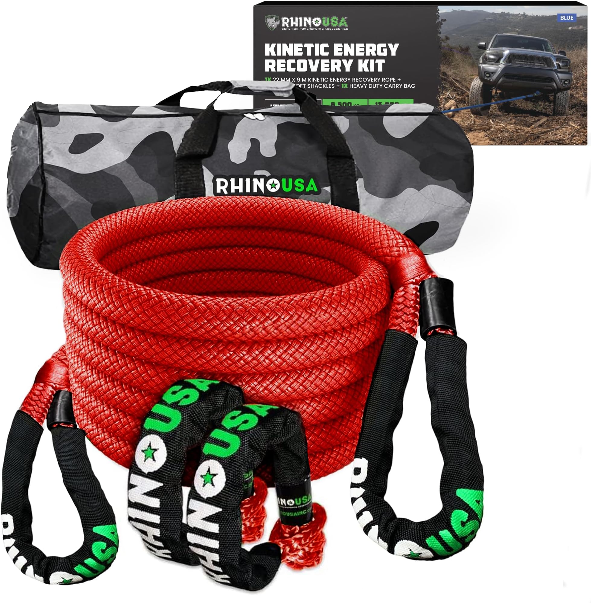 Rhino USA Car Recovery Rope - Kinetic Car Trailer Rope - 2.2 cm x 9 m - Heavy Duty Rope with 2 Soft Shackles - for UTV ATV LKW Off-Road Tractor - Red