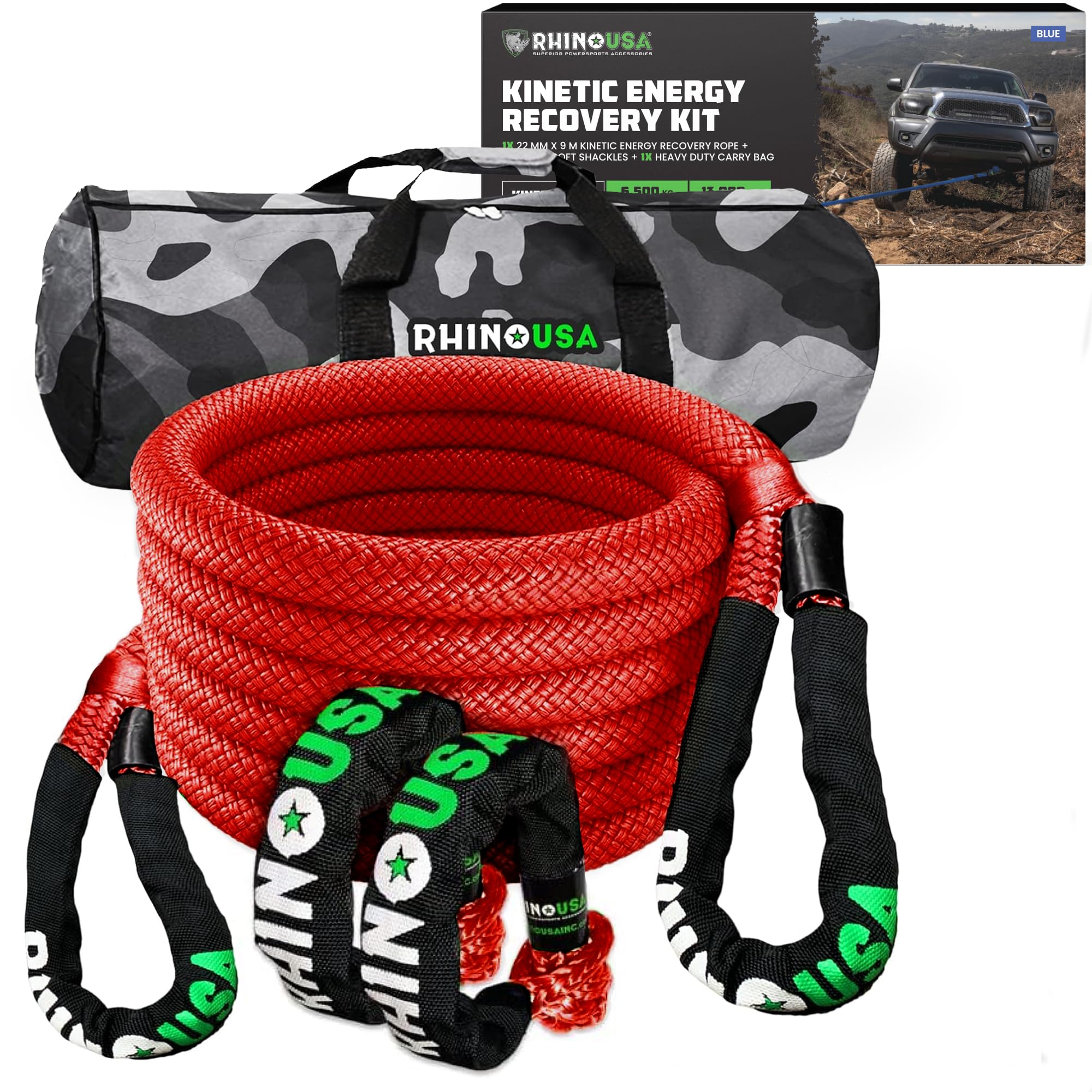 Kinetic Rope Recovery Kit (7/8in x 30ft) - Heavy Duty Offroad Strap - Includes 2 Soft Shackle for UTV, ATV, Truck, Car, Jeep, Tractor