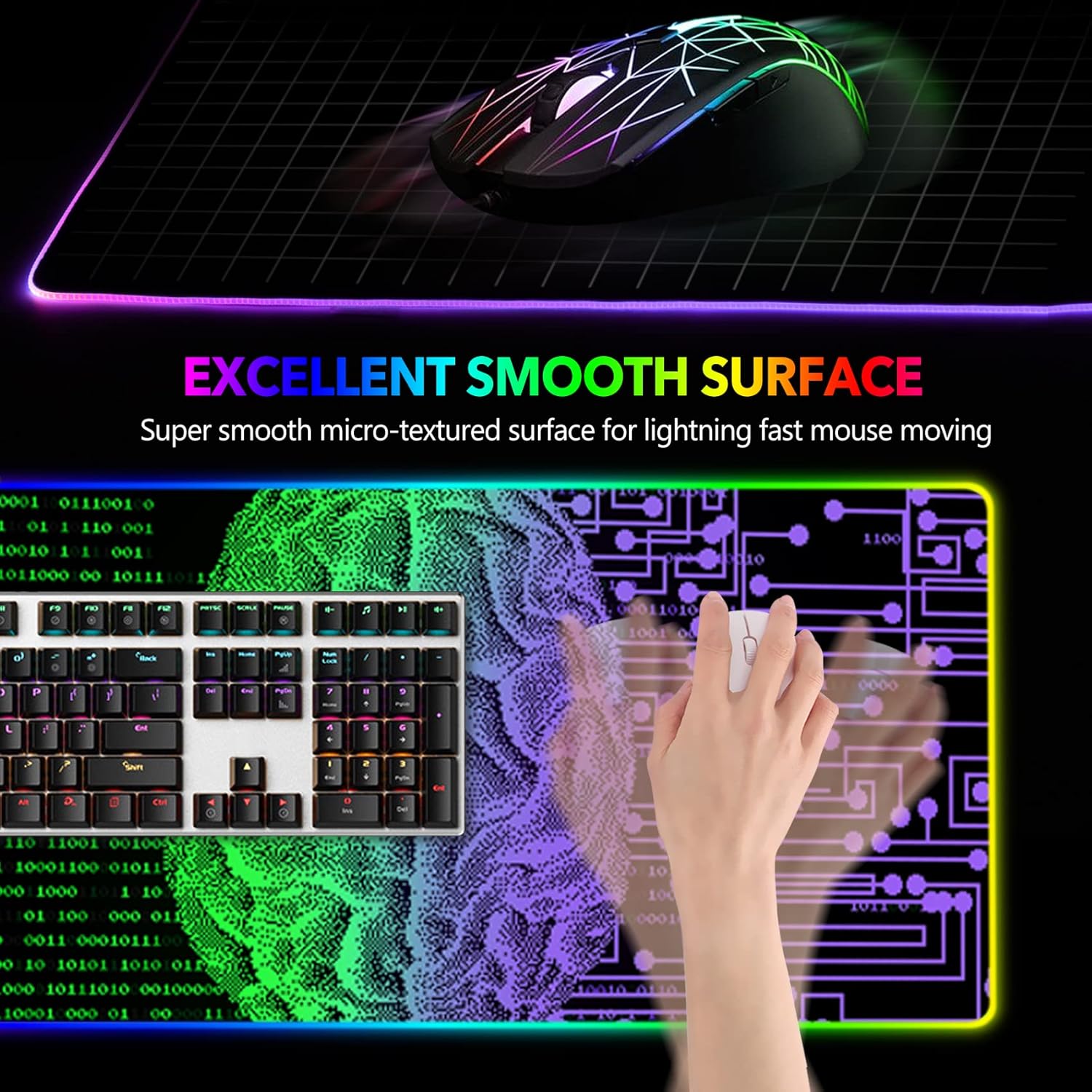 AIMSA Large Gaming Mouse Pad RGB, Keyboard Led Mousepad Extended 35.4 x 15.8 inch Non-Slip Rubber Base with 14 Lighting Modes, Big Desk Mat Waterproof, Technology Brain