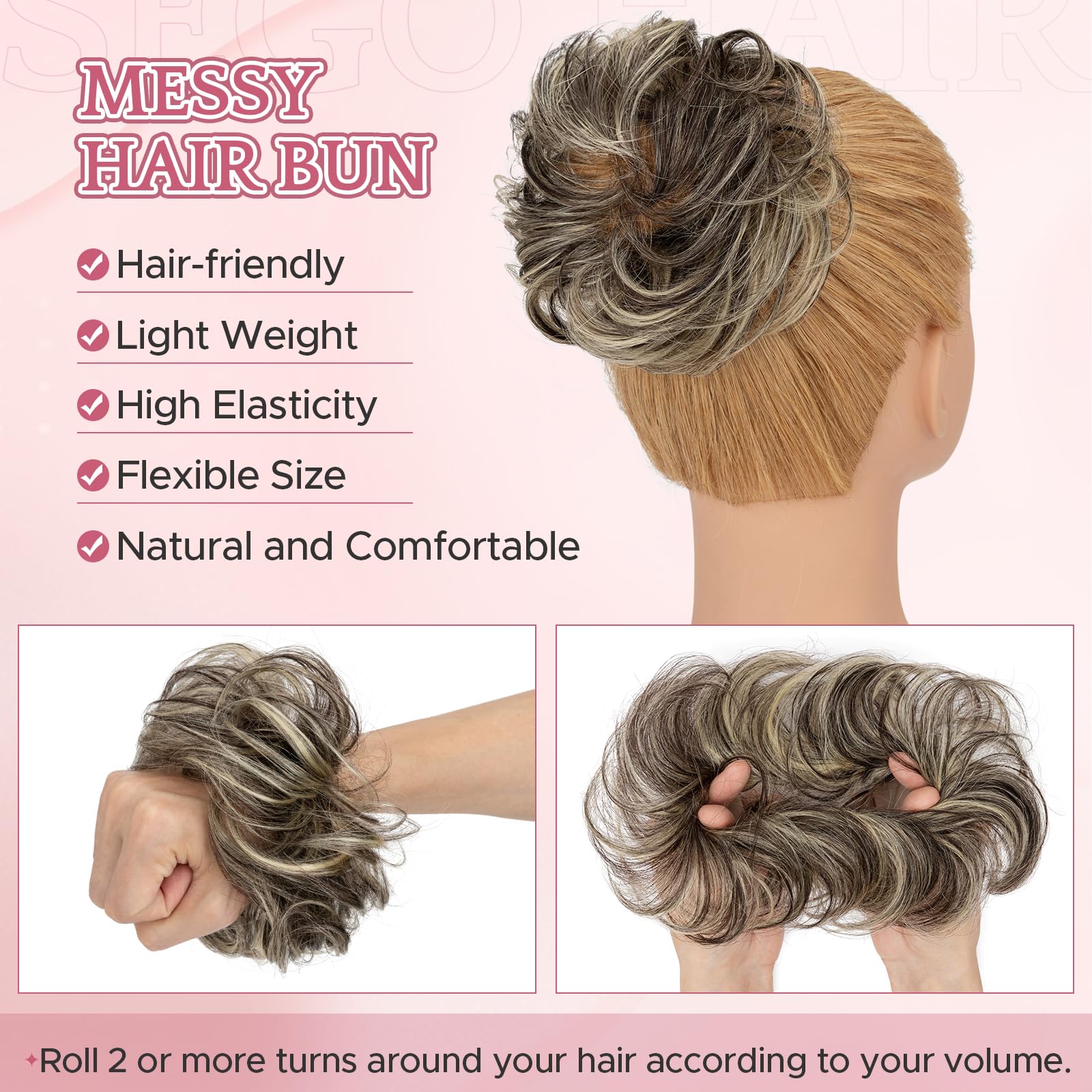 SEGOHAIR 17G Messy Bun Scrunchies Human Hair Curly Wavy Donut Hairpiece for Women Girls Natural Black Mixed Bleach Blonde Hair Bun Maker Elastic Real Remy Donuts Updo Chignon - Image 3
