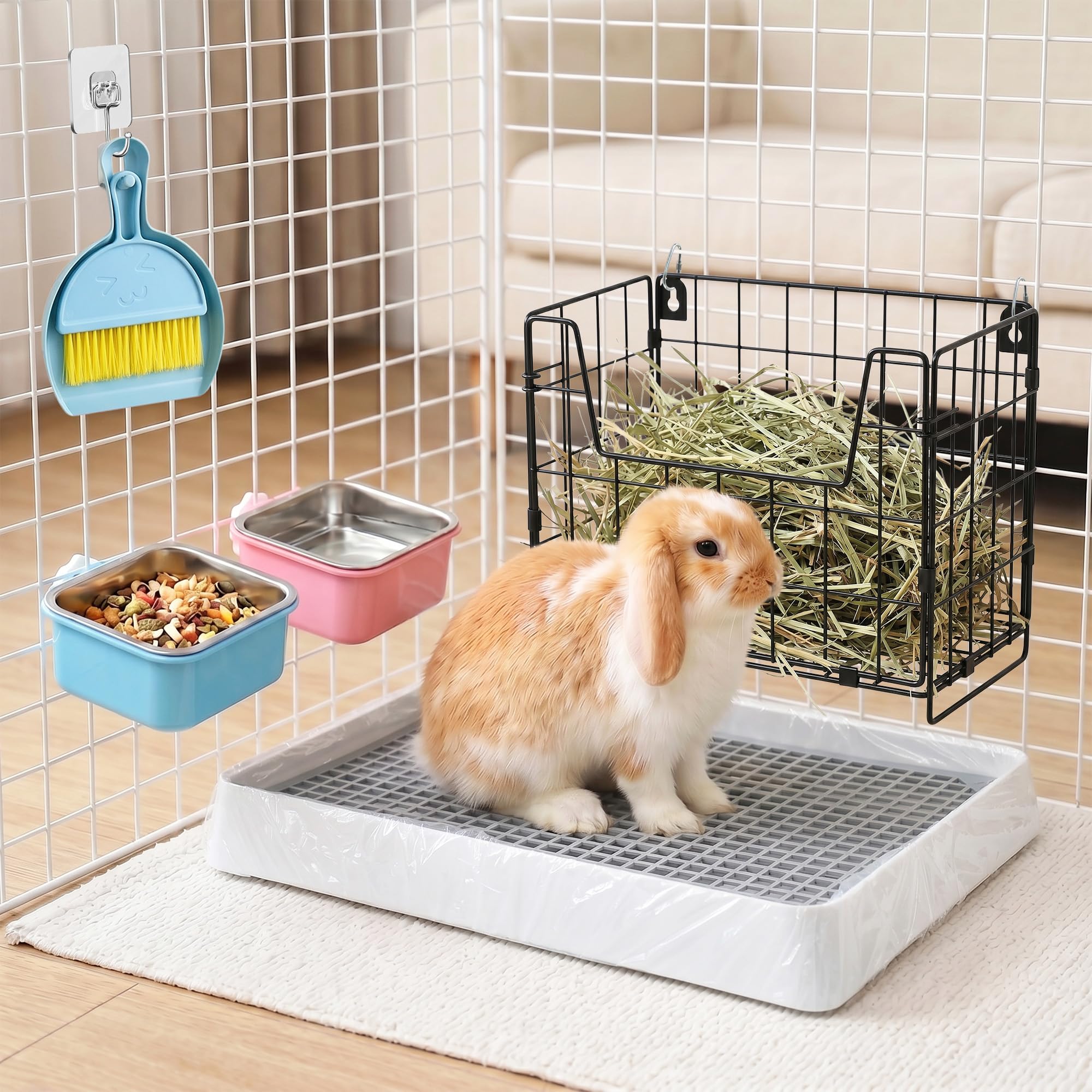 Lettiera per conigli con mangiatoia per fieno, fodera usa e getta per gabbia, in acciaio inox, per piccoli animali domestici, vasino per conigli, porcellini d'India, cincillà, furetto