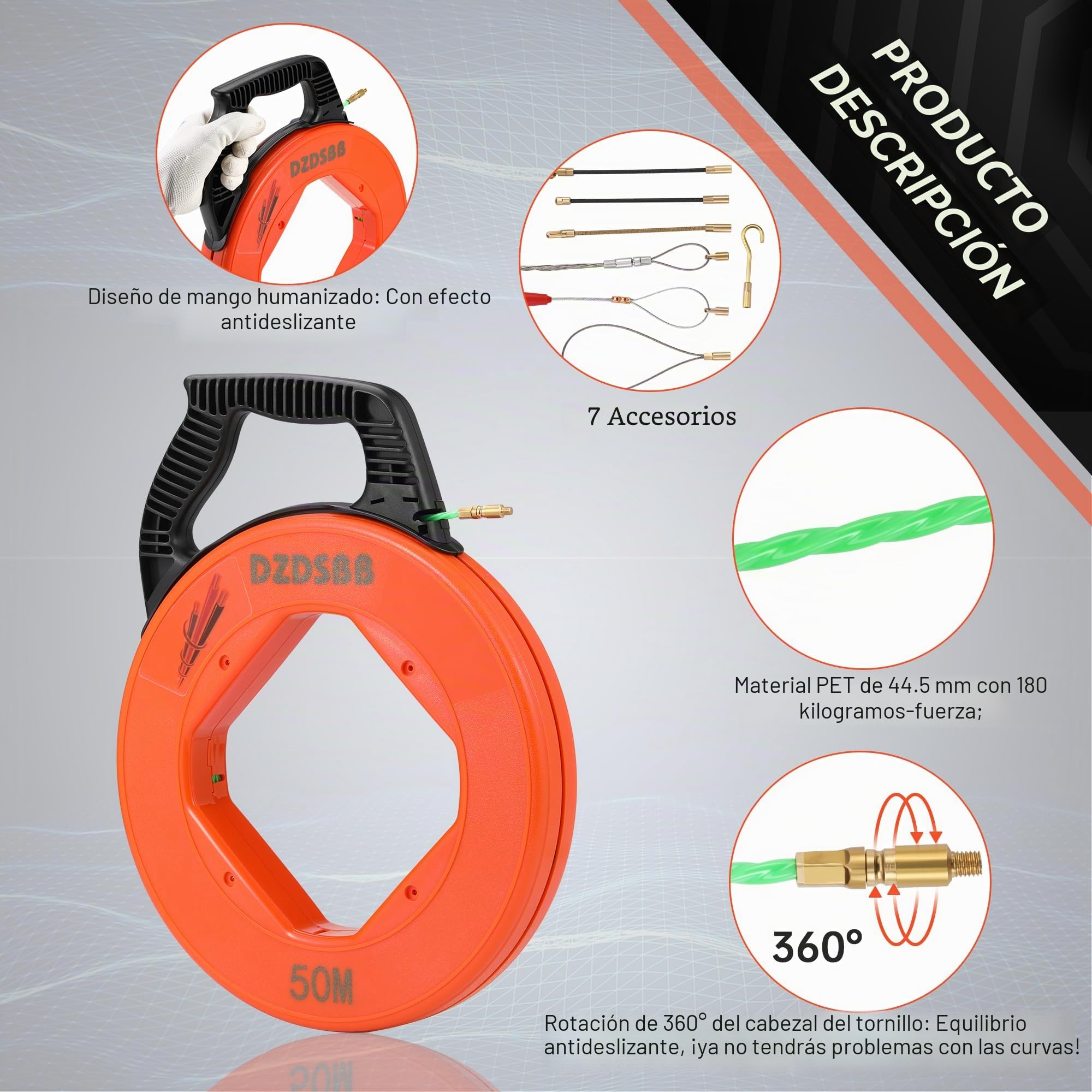 Guia pasacables de 50 m, guía pasacables profesional de 4,5 mm, guia para cables con rosca M5 para cables eléctricos, guia pasa cables retráctil con carcasa y 7 muelles guía