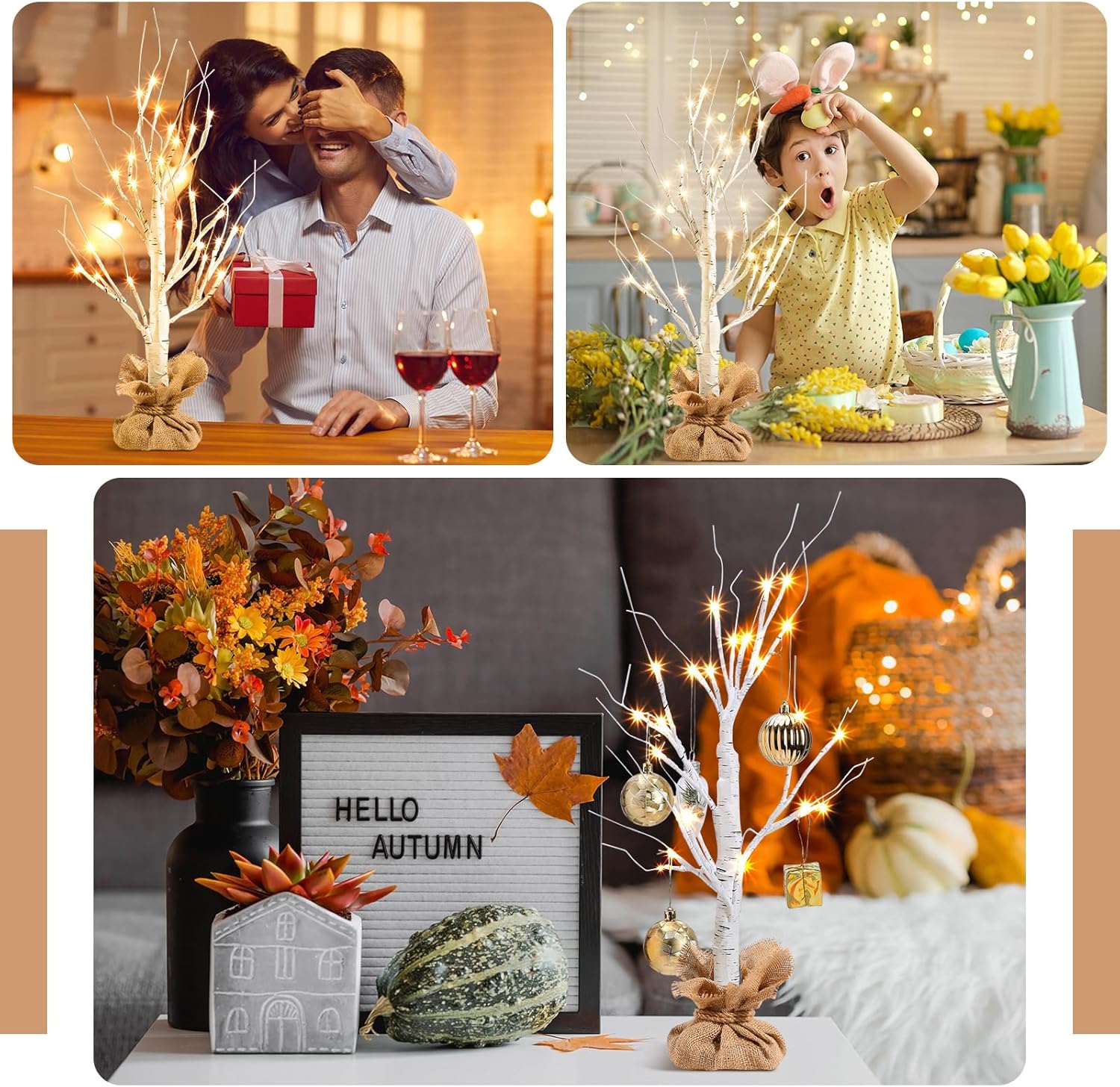 Leyndo 6 Pcs Lighted Birch Tree 24''H Christmas Tabletop Tree Decoration LED White Birch Tree with Burlap Artificial Trees for Home Living Room Mantel Wedding Bedroom Decor