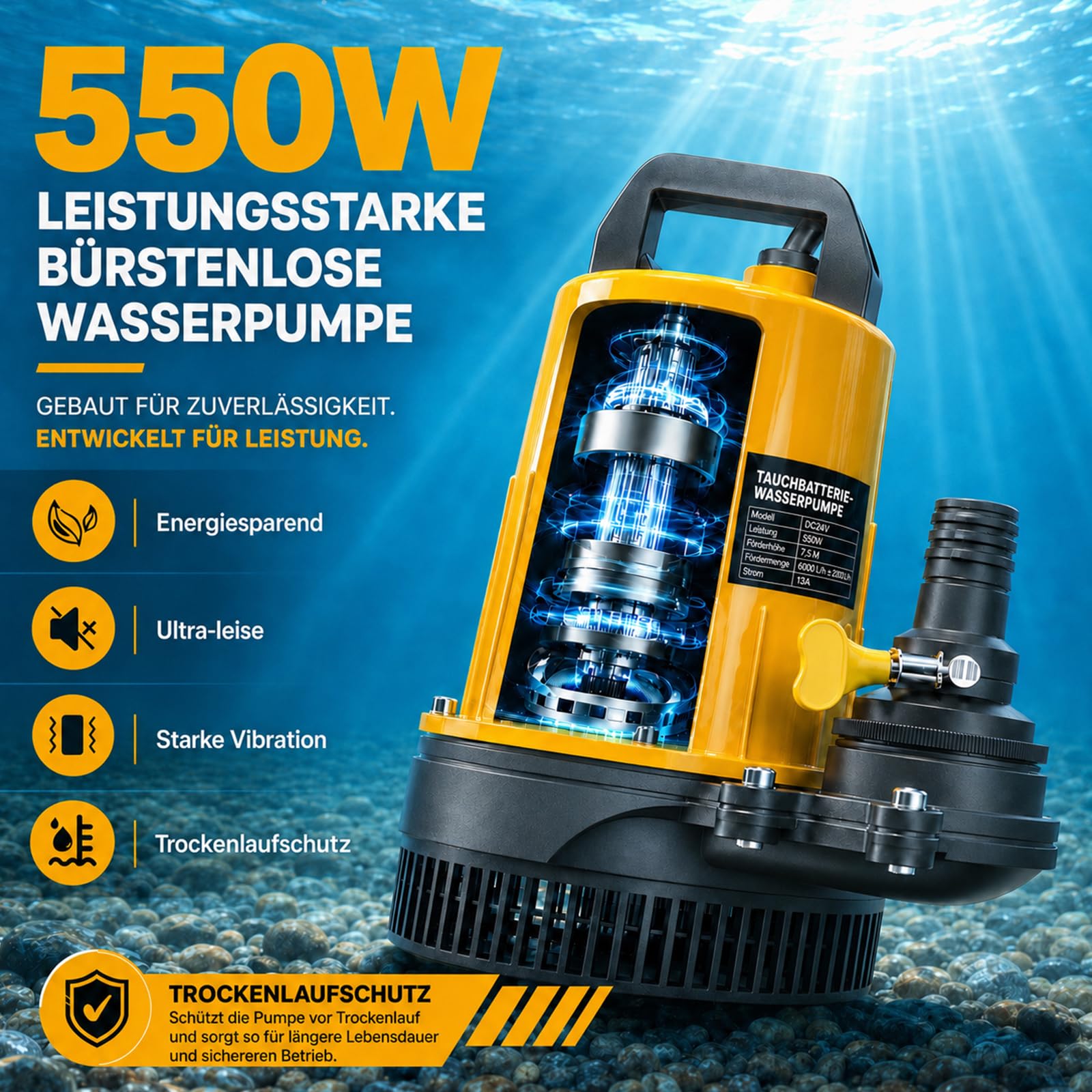 Akku Tauchpumpe für Dewalt 18V Akku (Ohne Akku), 2800L/H Klarwasserpumpe mit 12m Förderhöhe, 5m Anschlusskabel, 10m Ablaufschlauch & Sicherheitsdeckel, für Pool, Wasserbett, Garten, Teich Entwässerung