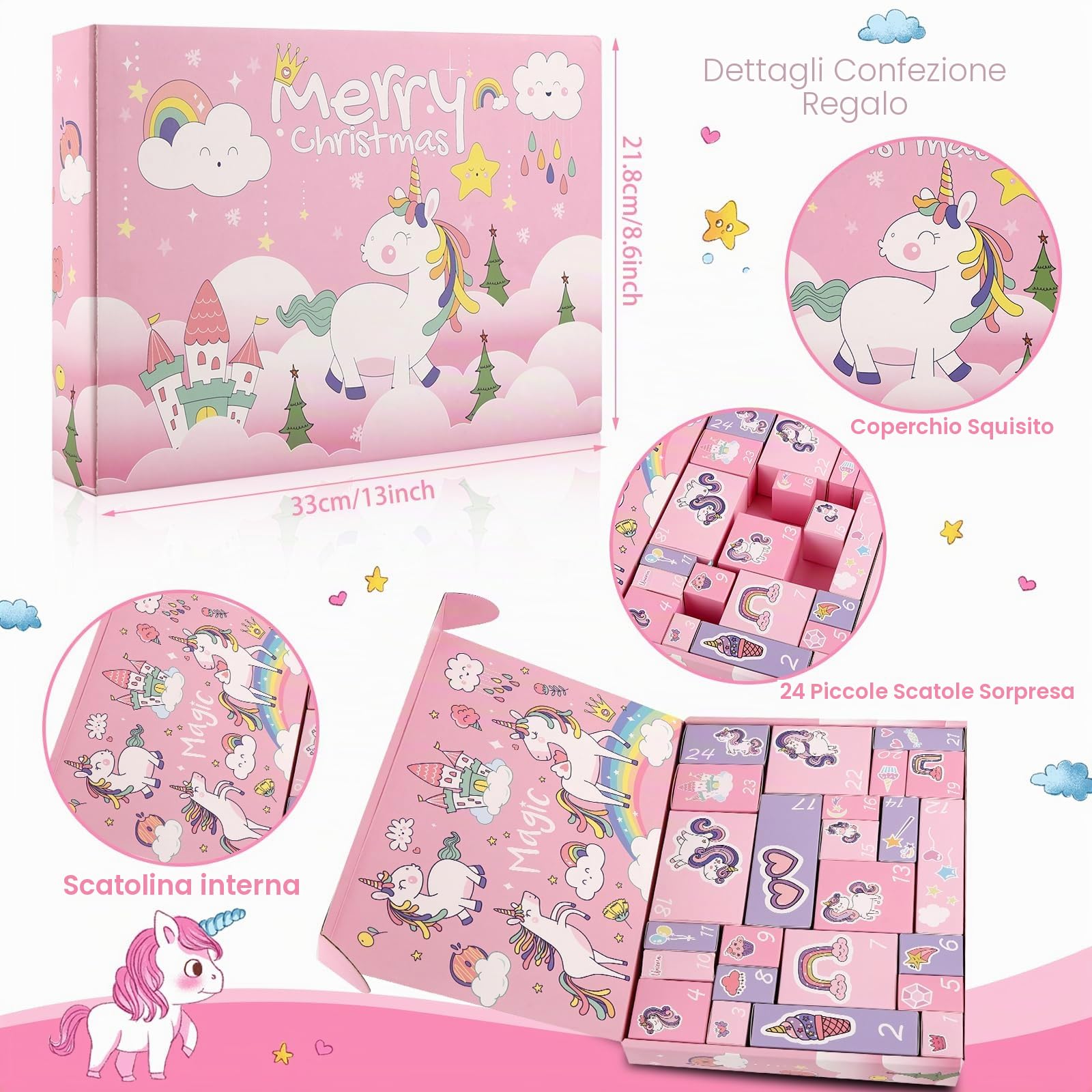 Calendario Avvento Bambina, Regalo di Natale con 24 Giorni di Sorprese, Regali Unicorno per Bambine e Bambini, Inclusi Giocattoli e Accessori per Capelli