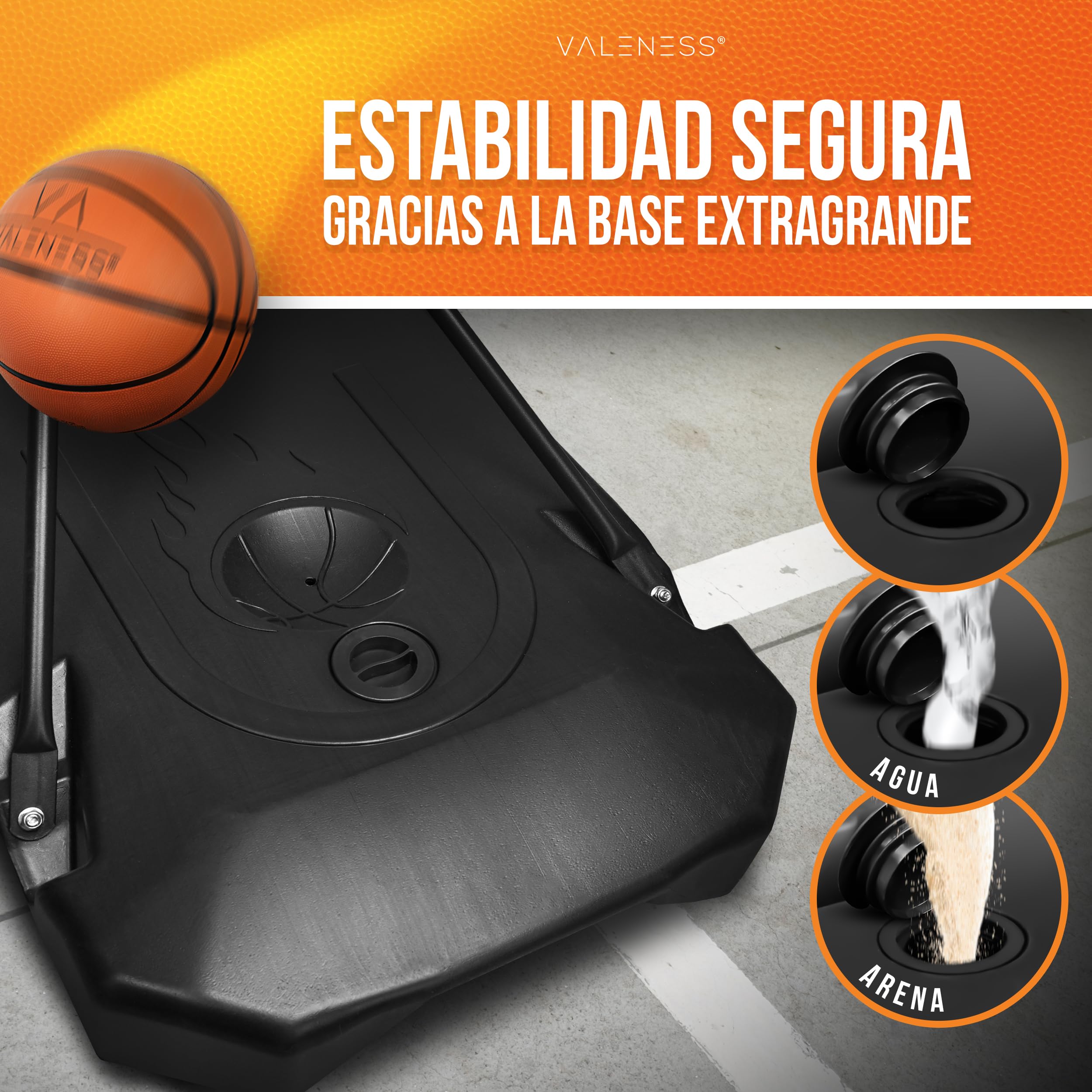 VALENESS® Aro de Baloncesto para Exterior – Soporte Ajustable en Altura [135 a 305 cm] y Resistente a la Intemperie – Aro Profesional con balón y Bomba para niños y Adultos
