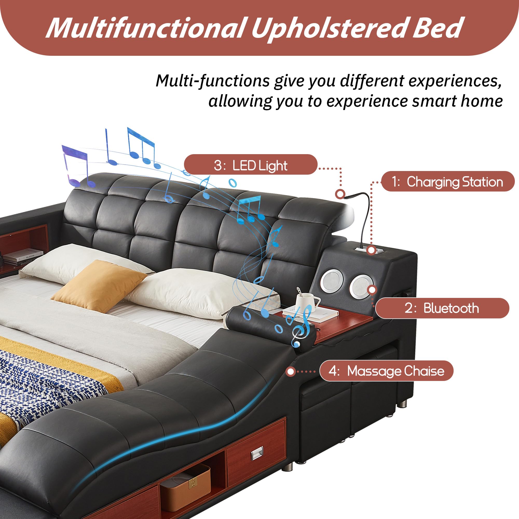 Telaio per letto matrimoniale multifunzione, nero di lusso, con chaise longue massaggiante a destra, letto moderno con altoparlanti Bluetooth e stazione di ricarica USB per camera da letto