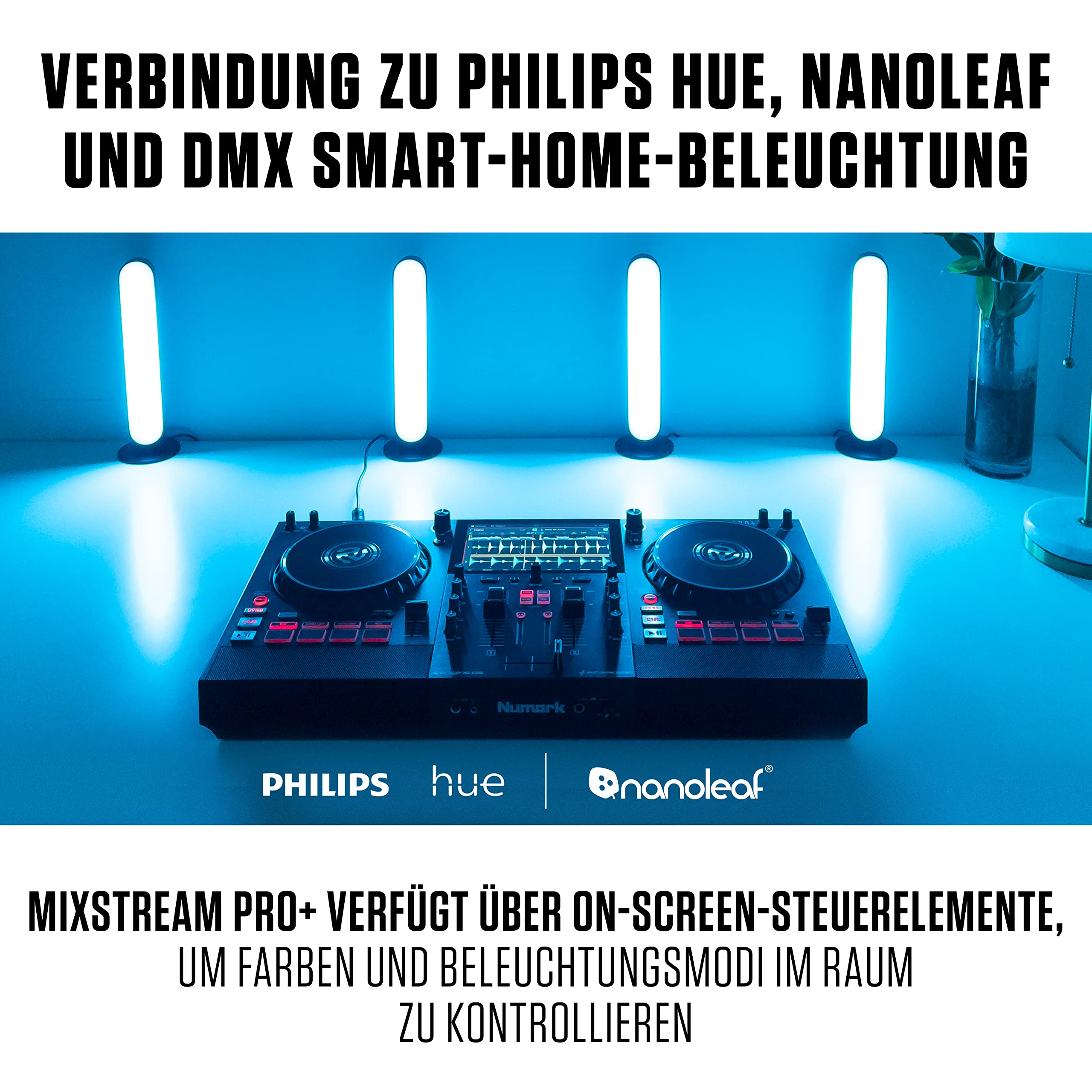 Numark Mixstream Pro+ DJ-Controller mit Stem-Trennung, 2 Decks, WLAN-Streaming, Mixer, 7 Zoll Touchscreen, Lautsprechern, kompatibel mit Serato und Virtual DJ