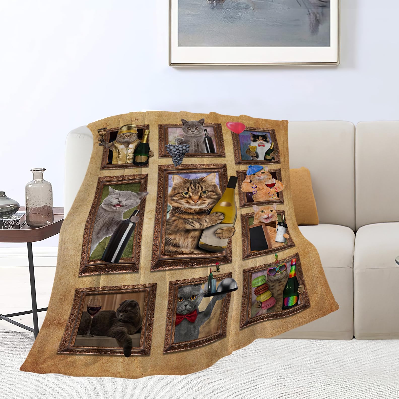Cat Wine Blanket Funny Cute Print Throw Blankets for Couch Sofa Bed Stuff Decor Lightweight Soft Cozy Fleece Plush Warm Flannel Bedding Blanket Gifts for Girls Boys Kids Men Women Adults Lover 60"x80"