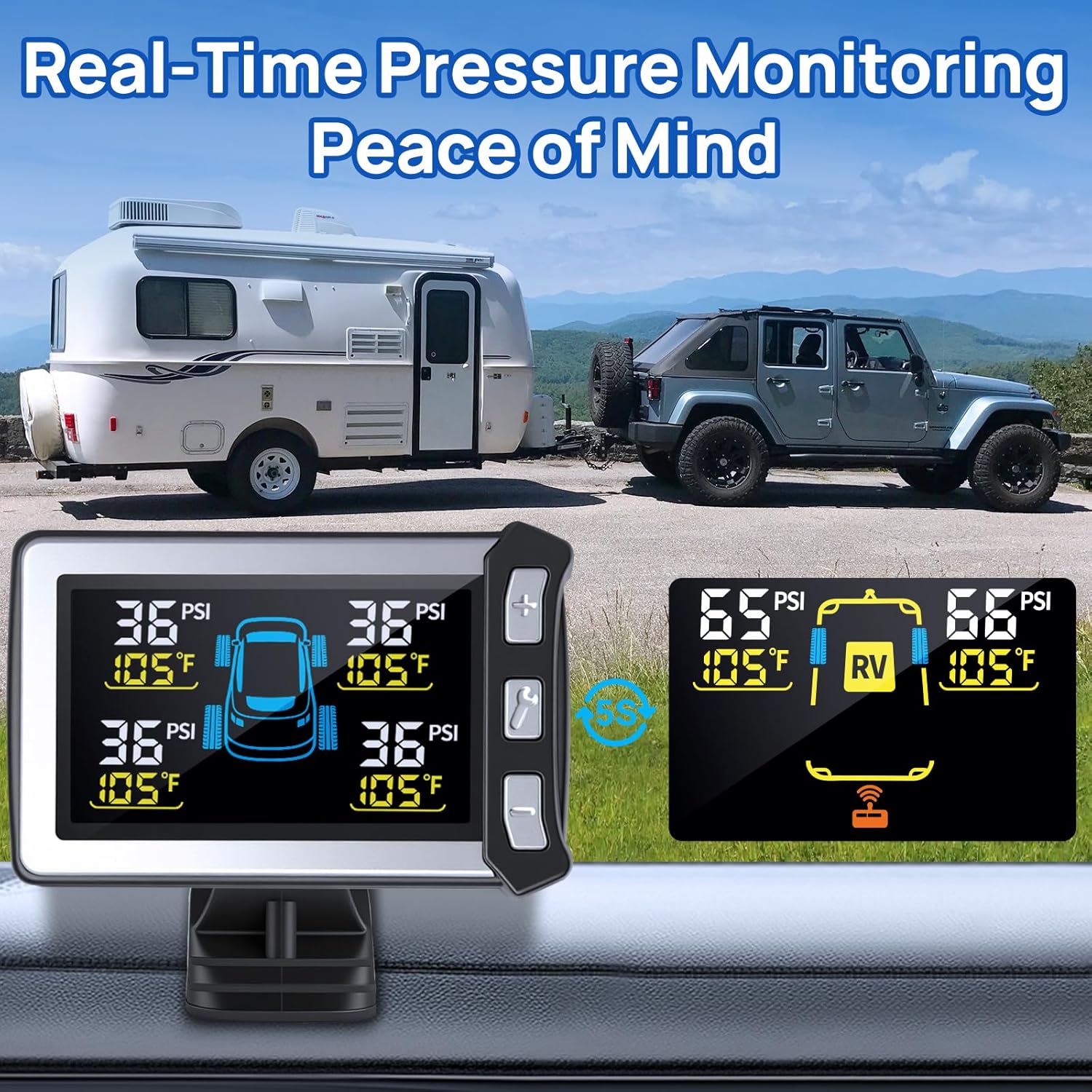 Masoll RV Tire Pressure Monitoring System, Gen 2 Tire Pressure Monitor with Color LCD Display, TPMS with 6 Sensors for Travel Trailer/5th Wheel/Camper, 0-87PSI with 120ft Transmission Distance