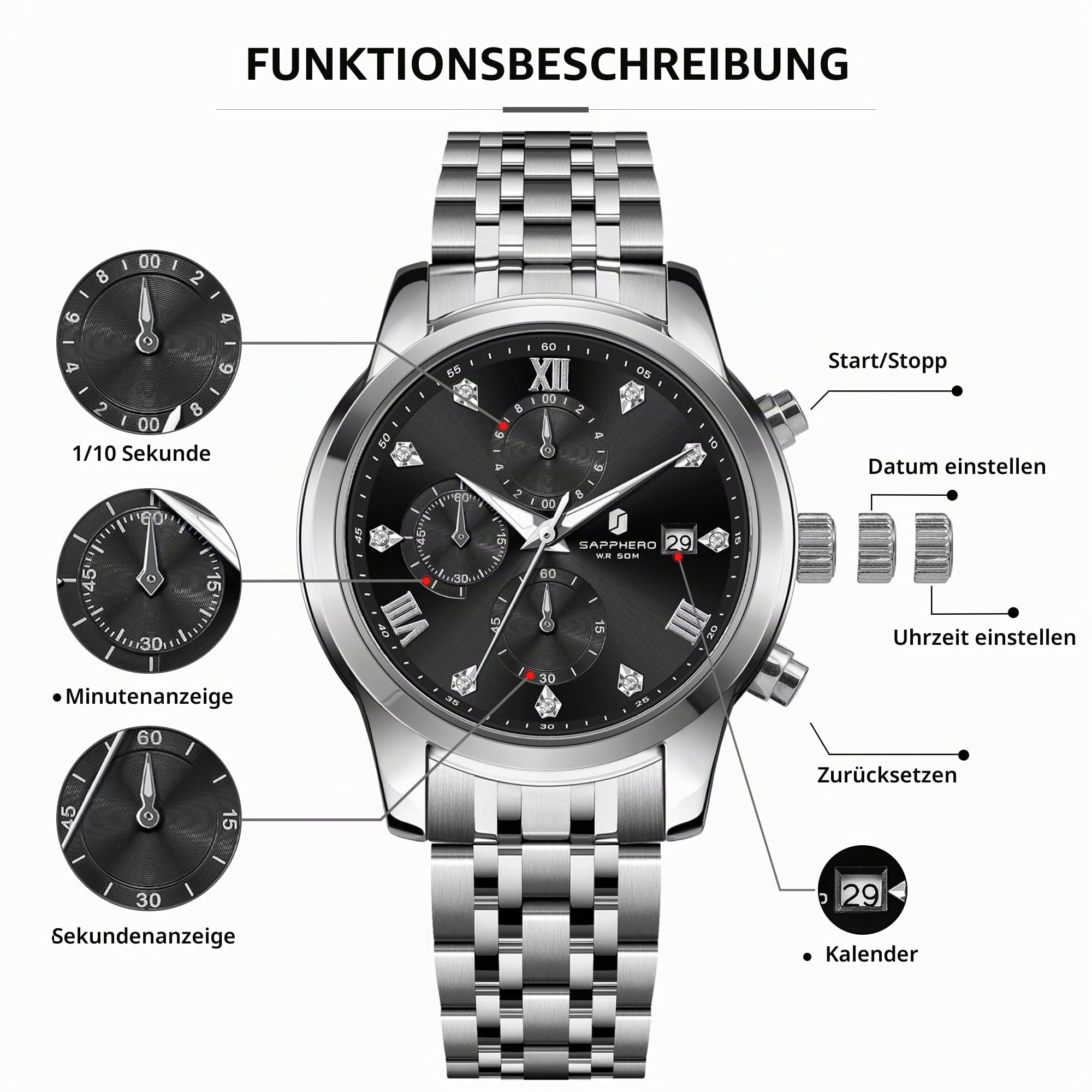 SAPPHERO Uhren Herren herrenuhr Edelstahl 50M wasserdicht armbanduhren für Herren leuchtende stilvolle Geschenk Armbanduhr Datumsanzeige analogem Quarz armbanduhren