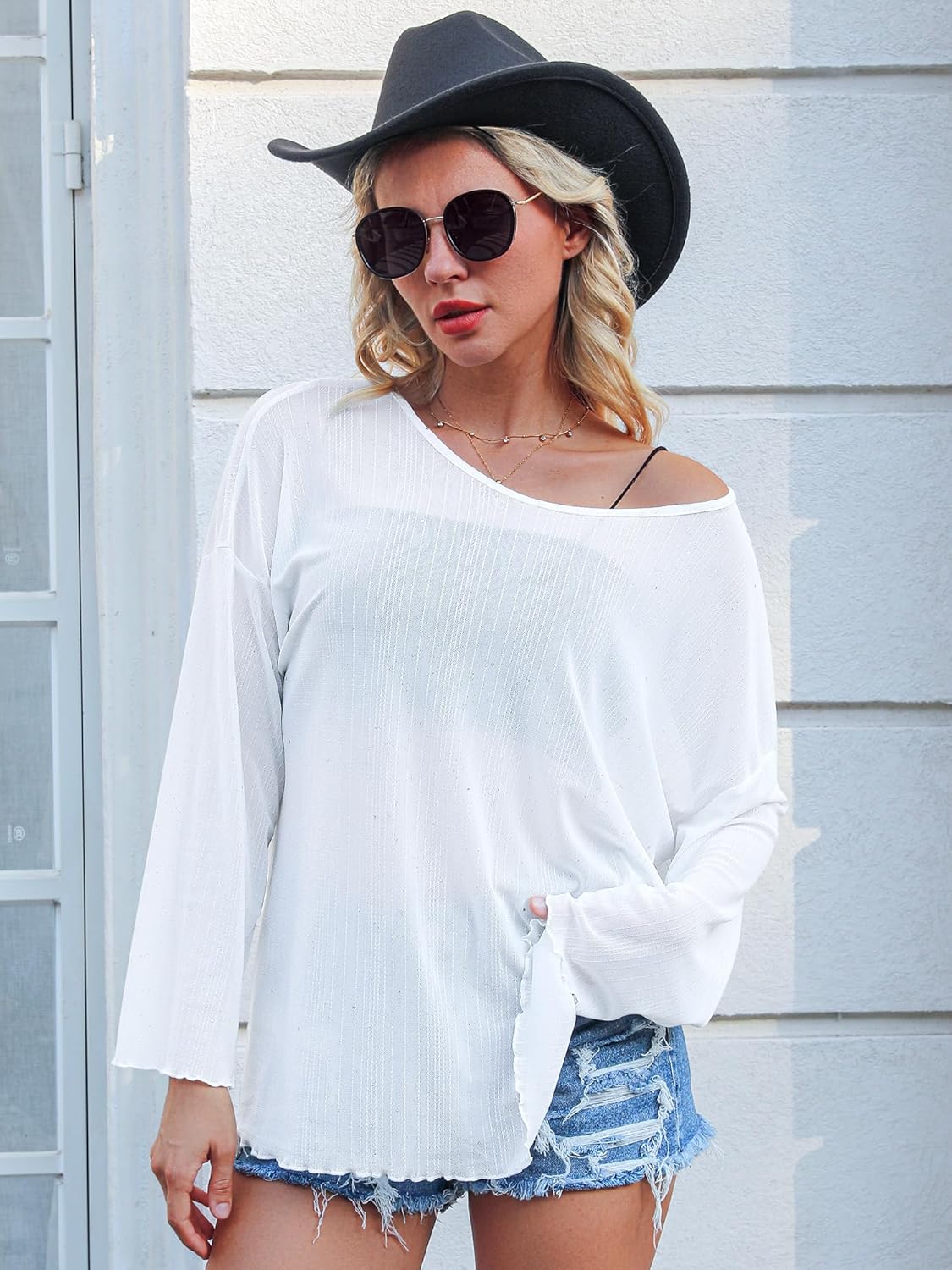 Womens Oversized Mesh Sheer Sparkly Top Glitter See Through Tops Tee Shirt Long Sleeve Concert Rave Party Outfits - Image 2