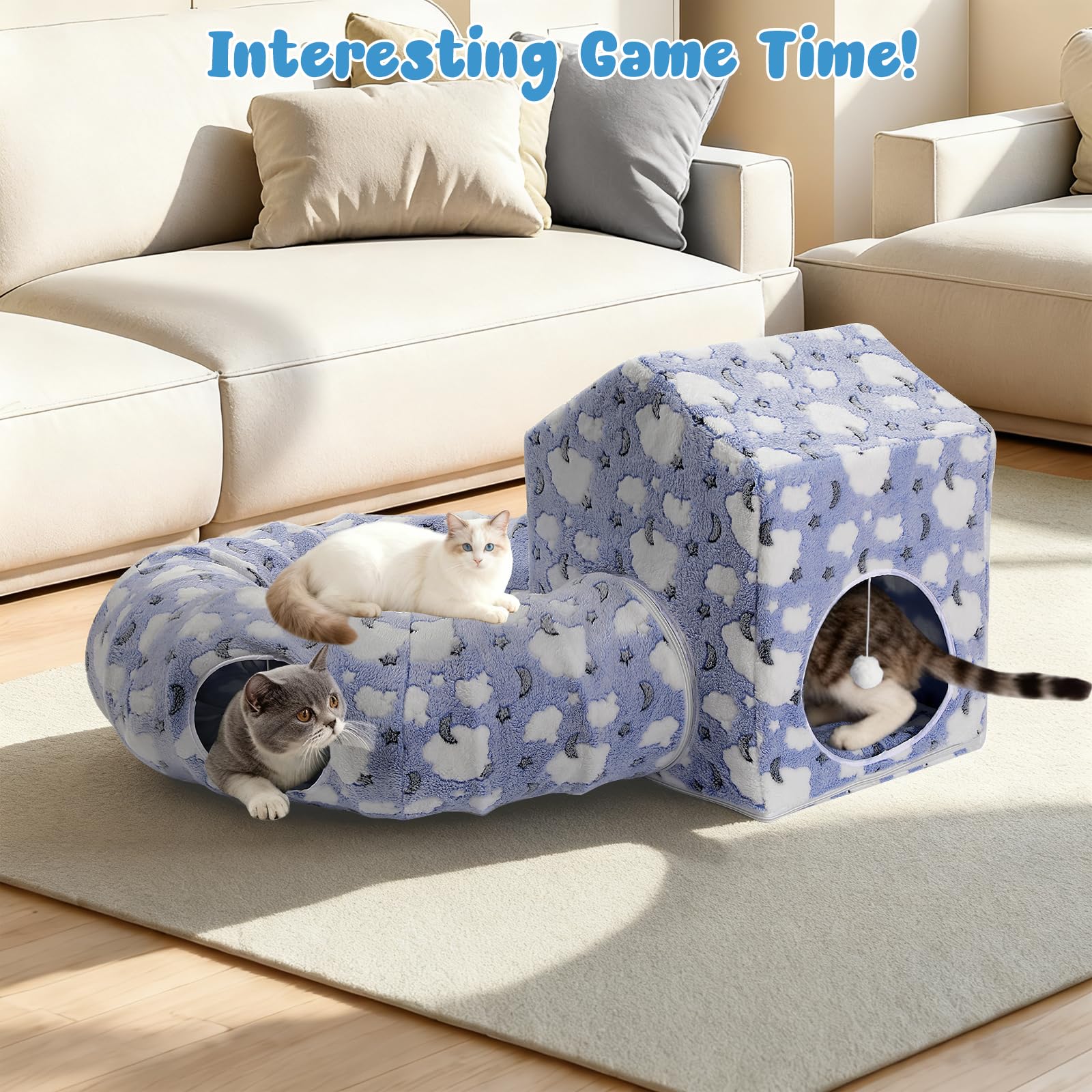 Pawaboo Letto a Tunnel per Gatti, Tubo a Ciambella per Gatti con Casetta Quadrata, Tunnel Morbidi in Peluche con Cuscini Lavabili, Nascondiglio Pieghevole per Gattini con Palline Morbide, Indaco