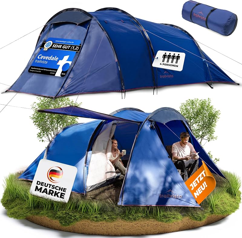 Trailvista Tunnelsátor 4 Személyes Vízálló Kék Kemping Sátor Előtérrel, Gyors Felállítás, UV Védelem, Szúnyogháló - Blue - 4 people