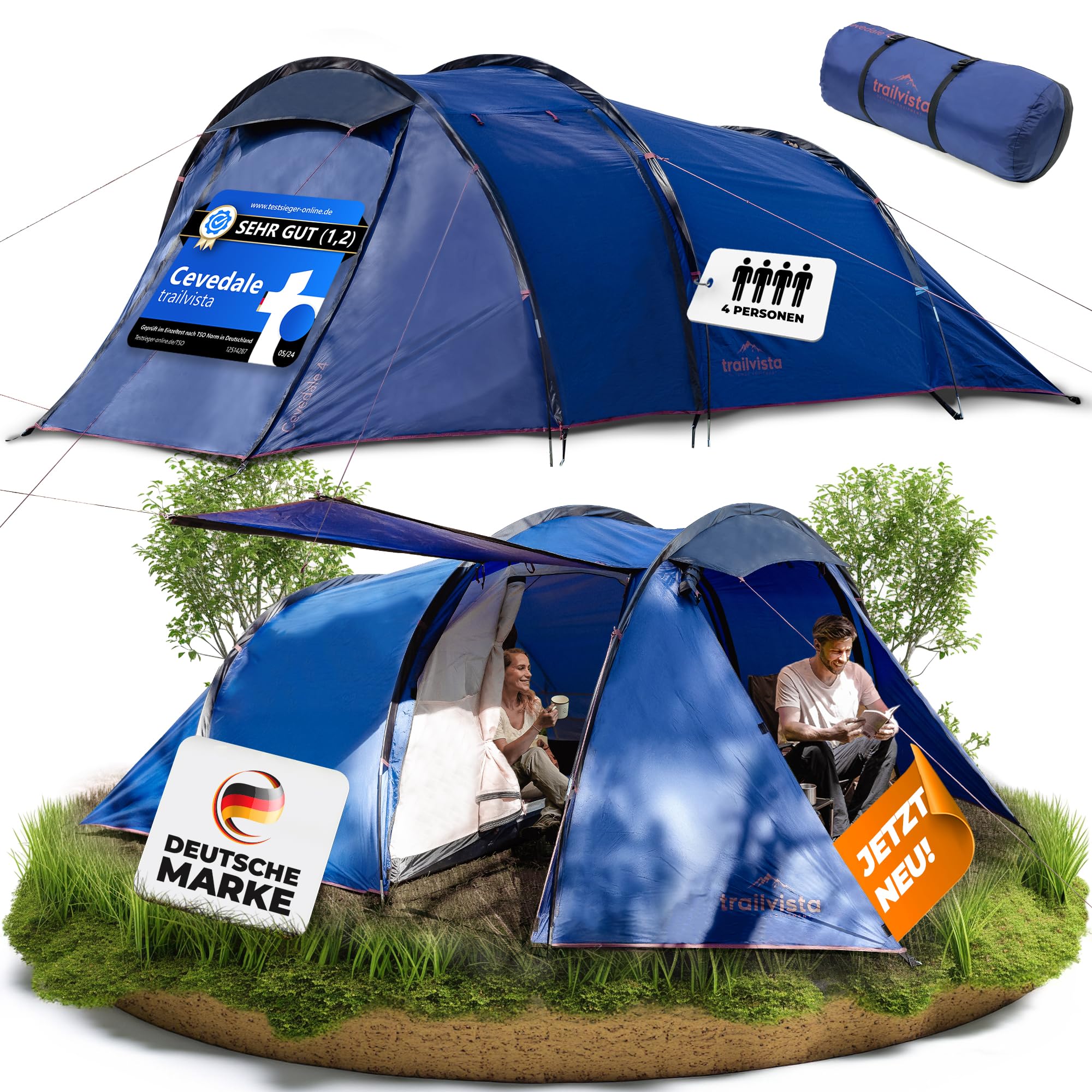 Tente familiale étanche pour 2 et 4 personnes - Tente tunnel avec auvent et protection contre les moustiques - Tente familiale légère et stable - Montage rapide - Tente de camping