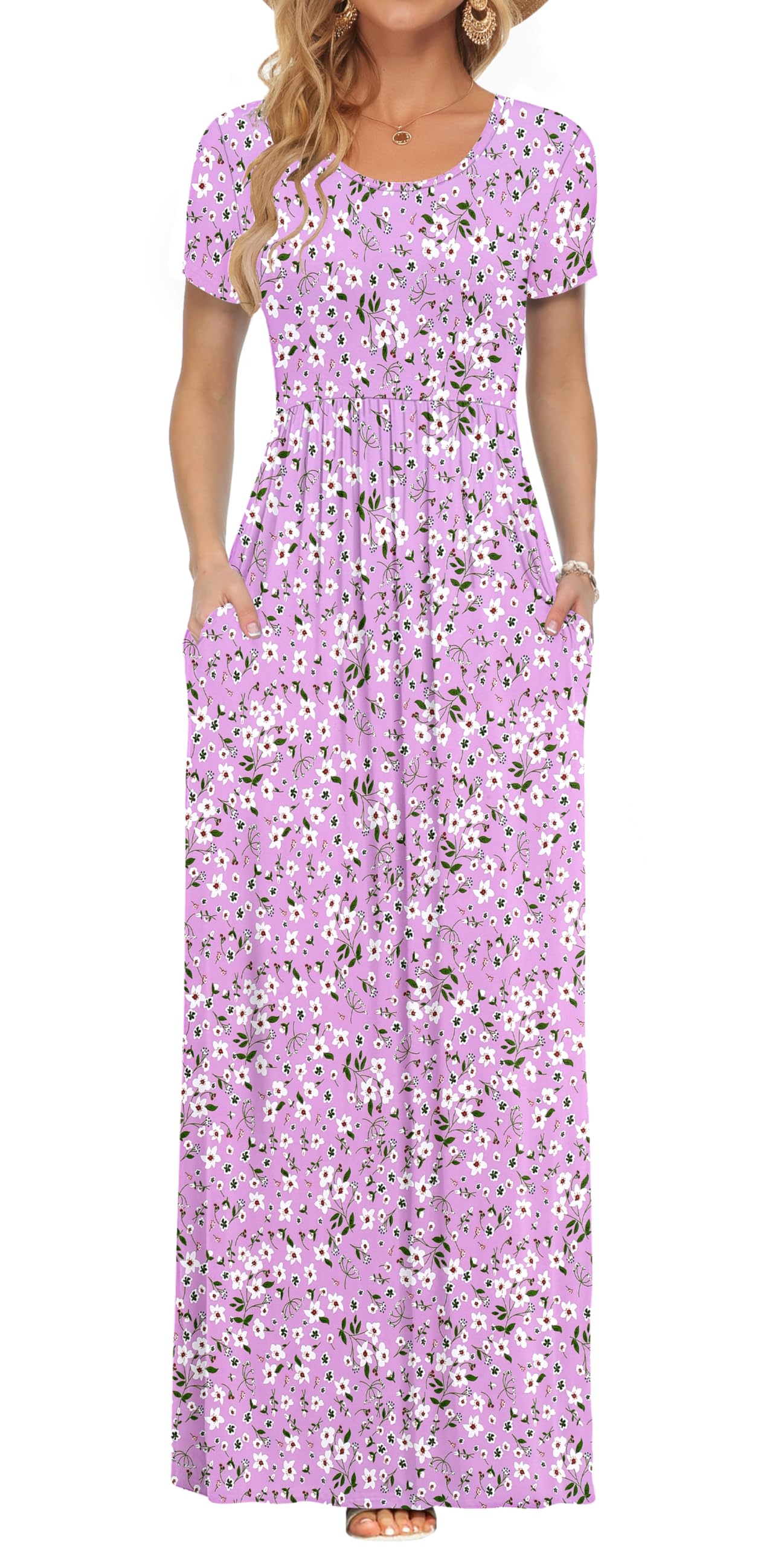 AUSELILY Women's Summer Short Sleeve Loose Plain Casual Long Maxi Dresses | Year Round wear solid floral print, Casual wear, Empire waist, Floor length, Side pockets