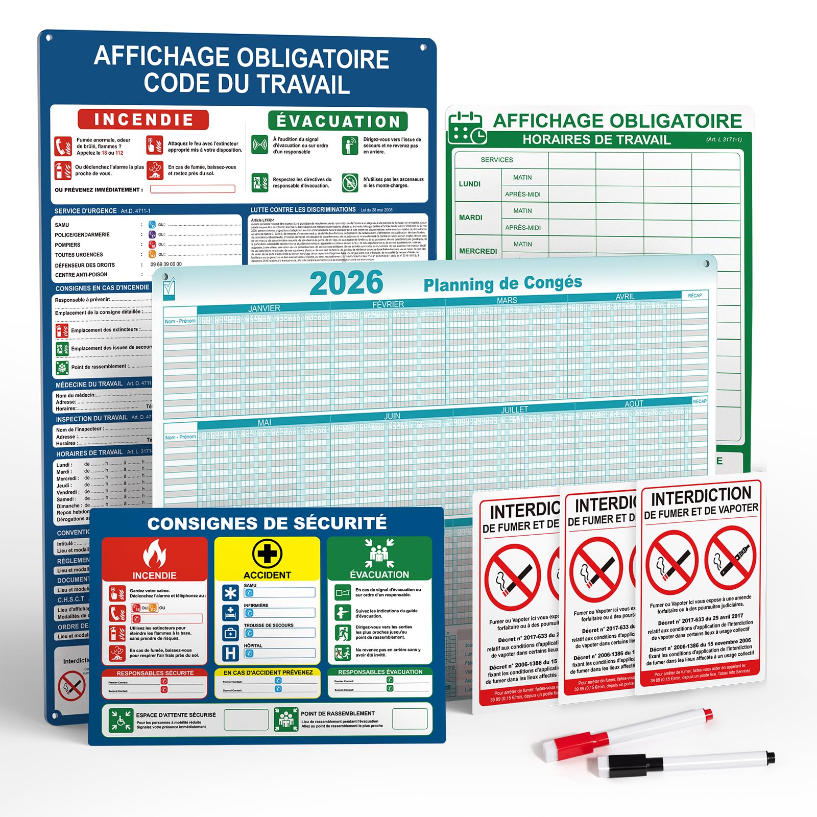 affichage obligatoire entreprise 2026 – Kit 9 Panneaux en PVC Rigide – Surface Brillante Effaçable – Impression UV Haute Définition – Adhésif Intégré et Trous de Fixation Inclus