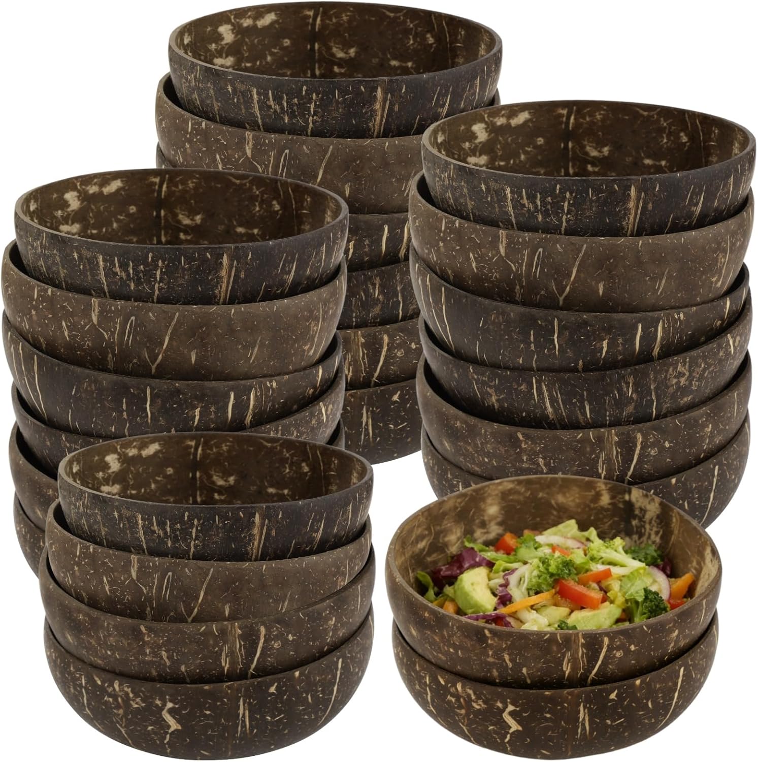24 PCS Coconut Shell Bowls, 17 oz Natural Wooden Bowls, Rustic Serving Bowls for Smoothie Acai Salad Snacks, Vegan Presents, Kitchen Decor, Picnic, Theme Party Dining
