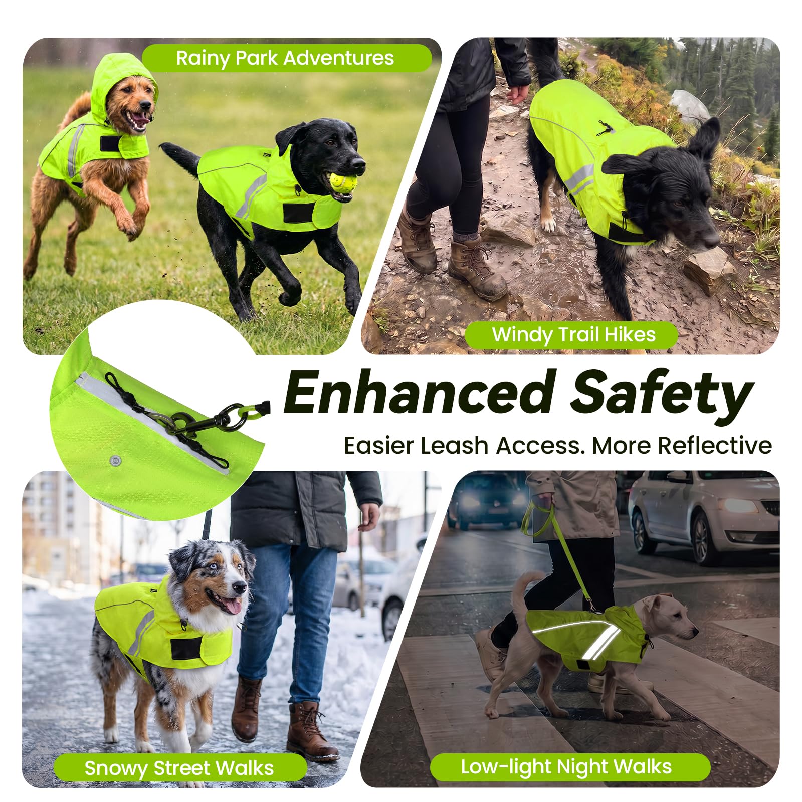 VIVAGLORY Impermeable para Perros Grandes, Fácil de Poner y Quitar, Ropa Reflectante, Ligera y Transpirable, Chaleco de Seguridad, Amarillo Brillante | Chaqueta impermeable con capucha y agujero para arnés, impermeable y ligera para cachorros, perros y ma