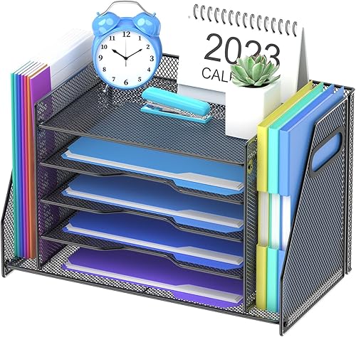 SAMSTAR Organizador de escritorio con 2 soportes verticales para archivadores, bandeja de papel de malla con estantes de 5 niveles para suministros