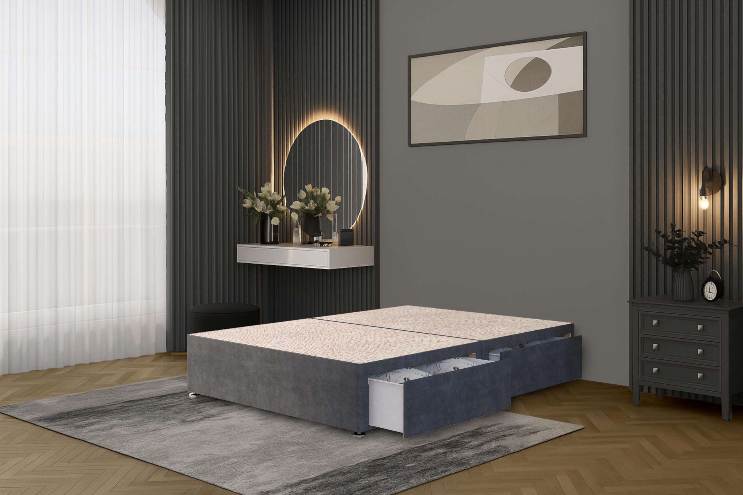 Bed Centre Flexby Divan Bed Base Only with 2 Drawers (Same Side), No Headboard - Available in 3FT, 4FT, 5FT & 6FT (3FT Single, Plush Charcoal Fabric)