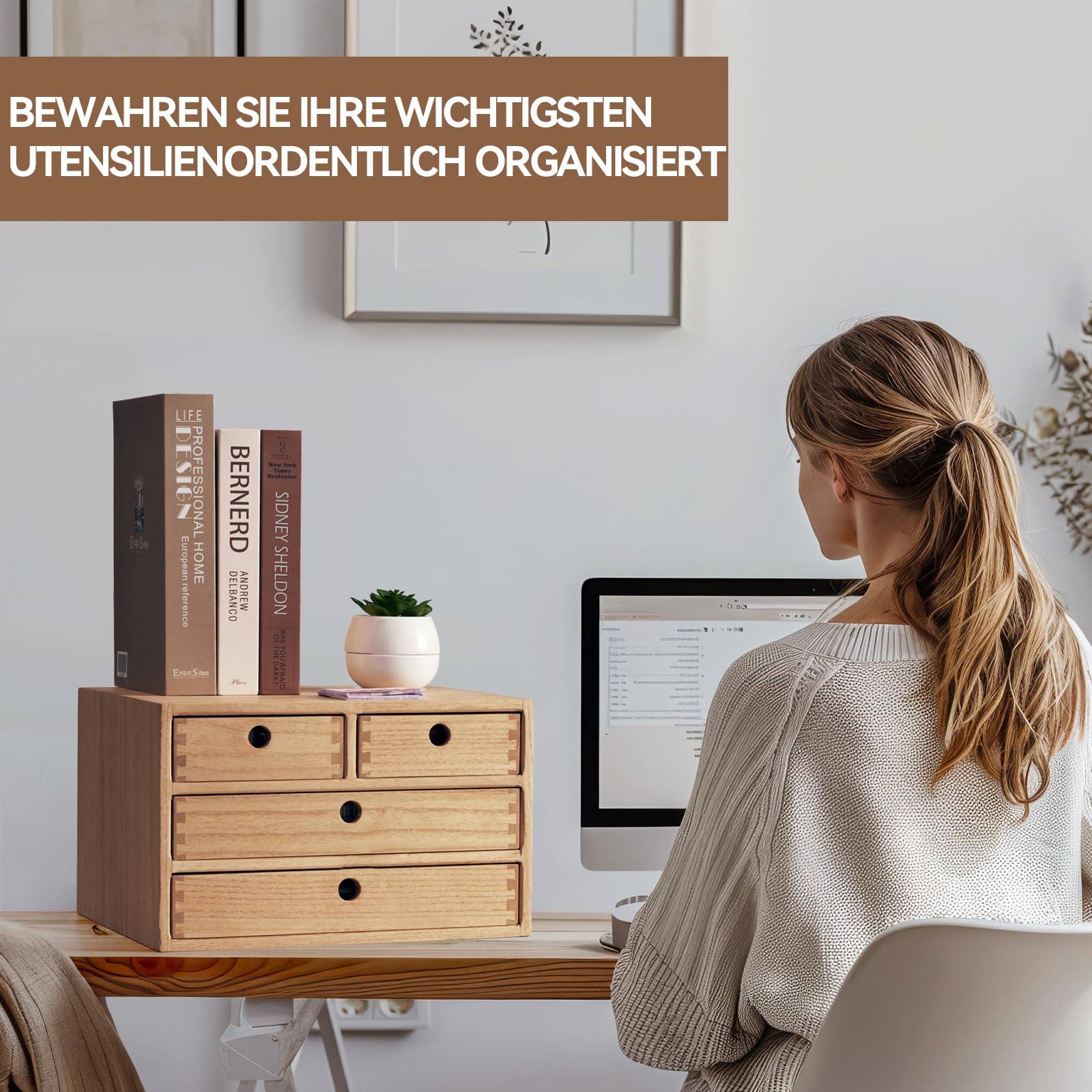 KIRIGEN Schreibtisch-Organizer aus Paulownia-Holz, 35 x 27 x 21,5 cm, Schubladenbox mit 4 Schubladen, stapelbare Dokumentenablage für A4-Papier, Büro und Homeoffice Natur