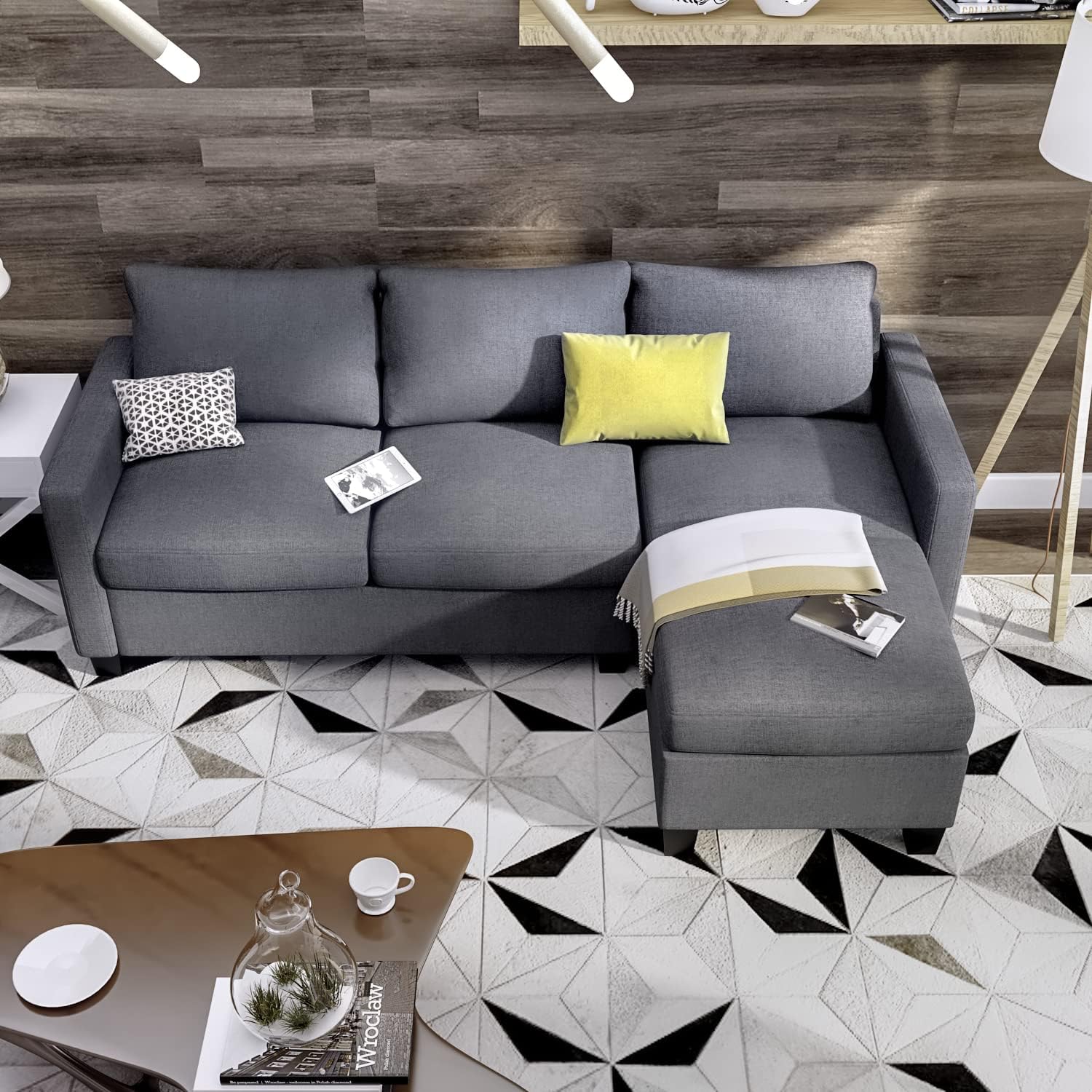 Shahoo Convertible Sectional Sofa Couch L-Shaped Settee with Soft Cushion, Comfortable Backrest and Modern Linen Fabric for Small Space, Living Room, Dark Gray