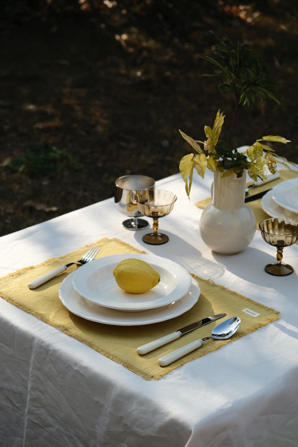 100% Linen Placemats Set of 4 – Thick Mustard Yellow Table Mats with Hand-Frayed Edges, Hand Made, Elegant Dining Table Decor for Spring Dinner Parties, Easter, Mothers Day, 14 x 19 Inch