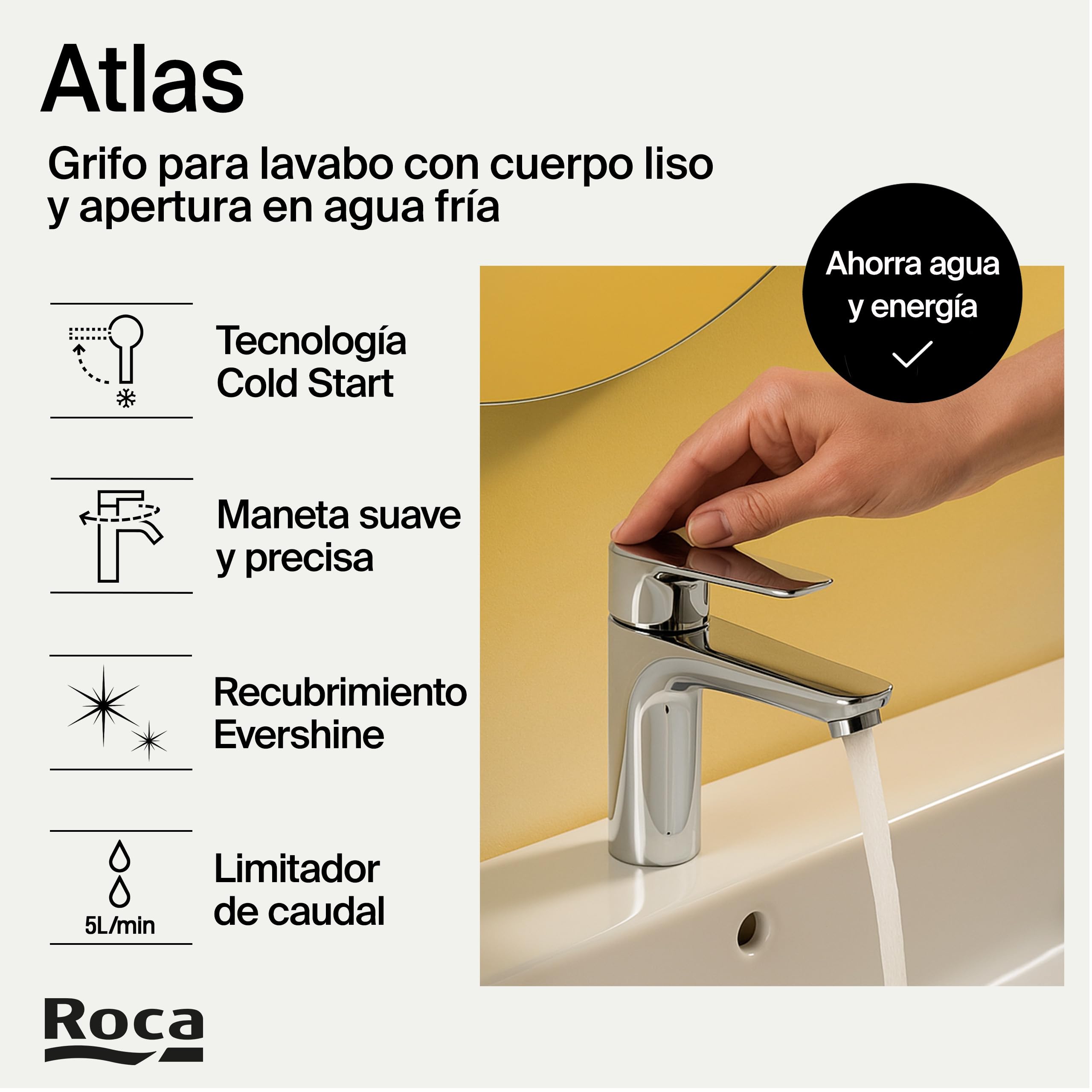 Roca Atlas Grifería para lavabo con tecnología Cold Start, grifo monomando de repisa con enlaces de alimentación flexibles, mezclador para cuarto de baño de fácil instalación, cromado, A5A3290C00