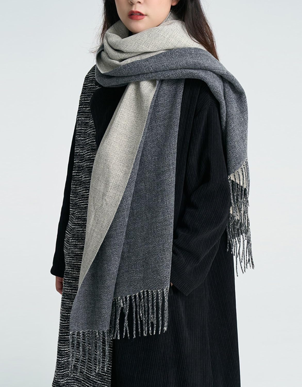 Women Men Winter Scarves Soft Warm Fashion Tassel Edge Color Block Design Cold Weather Oversized Wrap Scarf