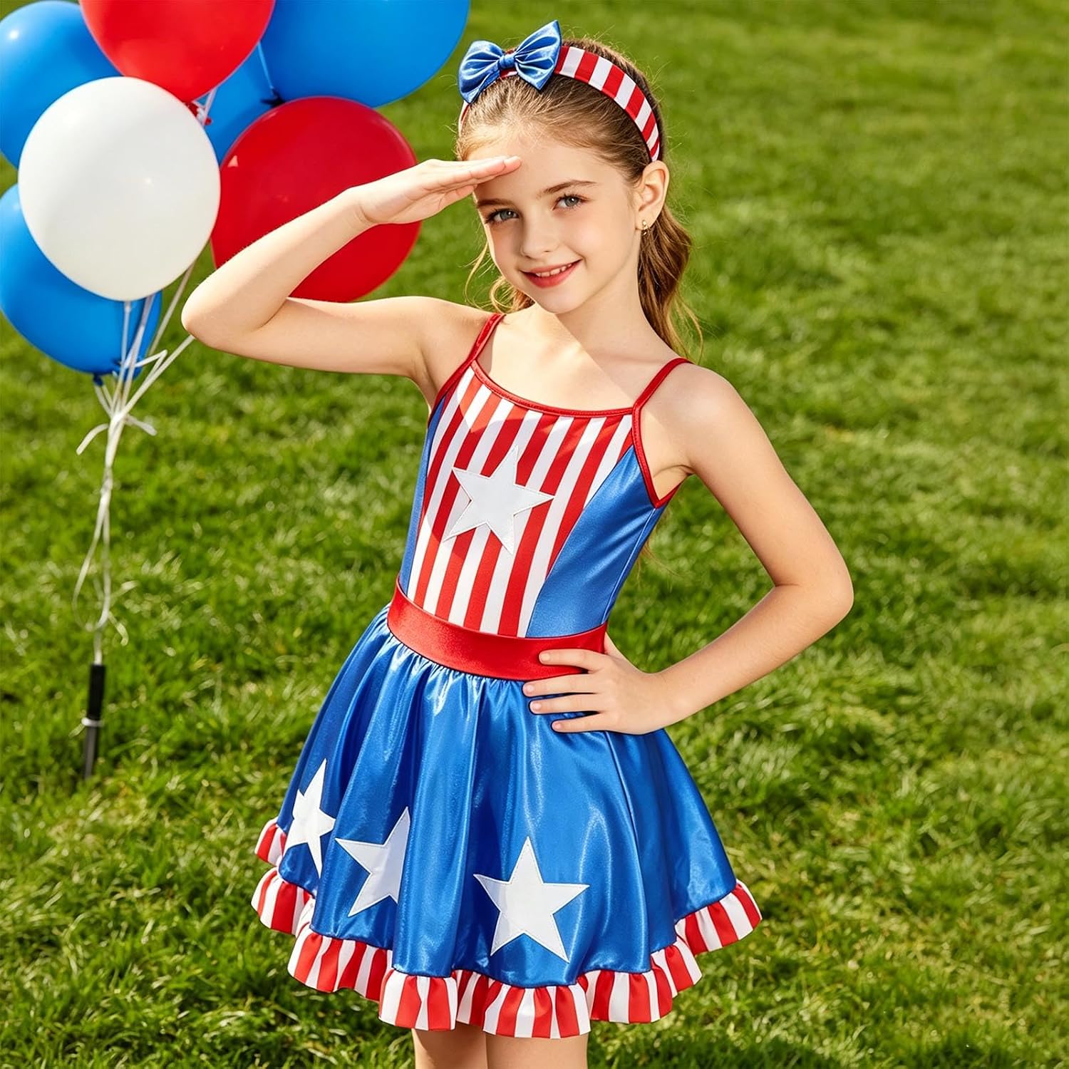 Kids Stage Performance Sleeveless Camisole Dress for Themed Party Shiny Metallic 4th of July Outfit