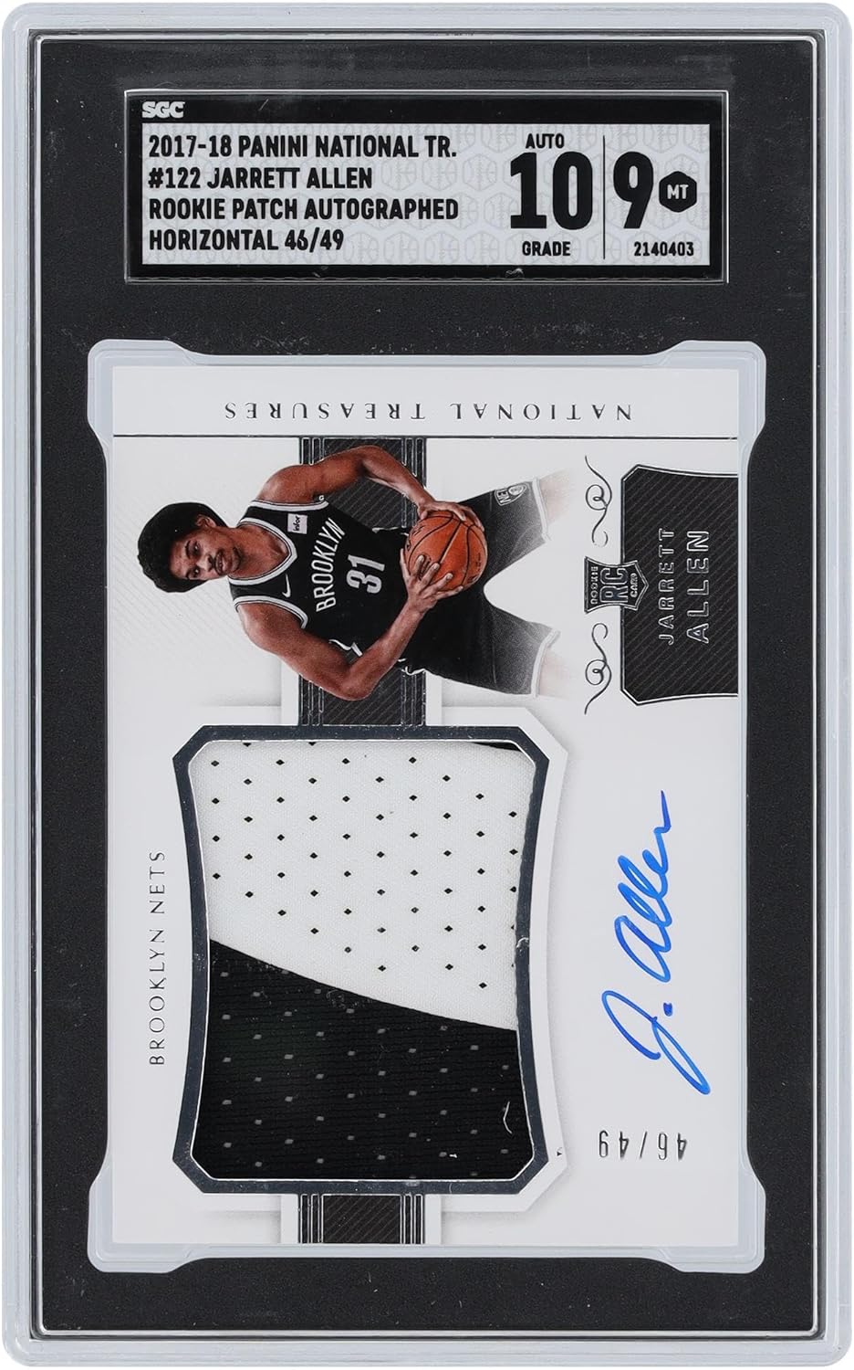 Jarrett Allen Brooklyn Nets Autographed 2017-18 Panini National Treasures Horizontal RPA #122#46/49 SGC Authenticated 9/10 Rookie Card - Basketball Slabbed Autographed Rookie Cards