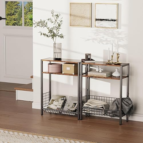 Miniatura 24 de Mesa auxiliar delgada para espacios pequeños, diseño 2 en 1 con soporte para revistas, marrón rústico Marrón (Rustic Brown),Negro -,Bricolaje