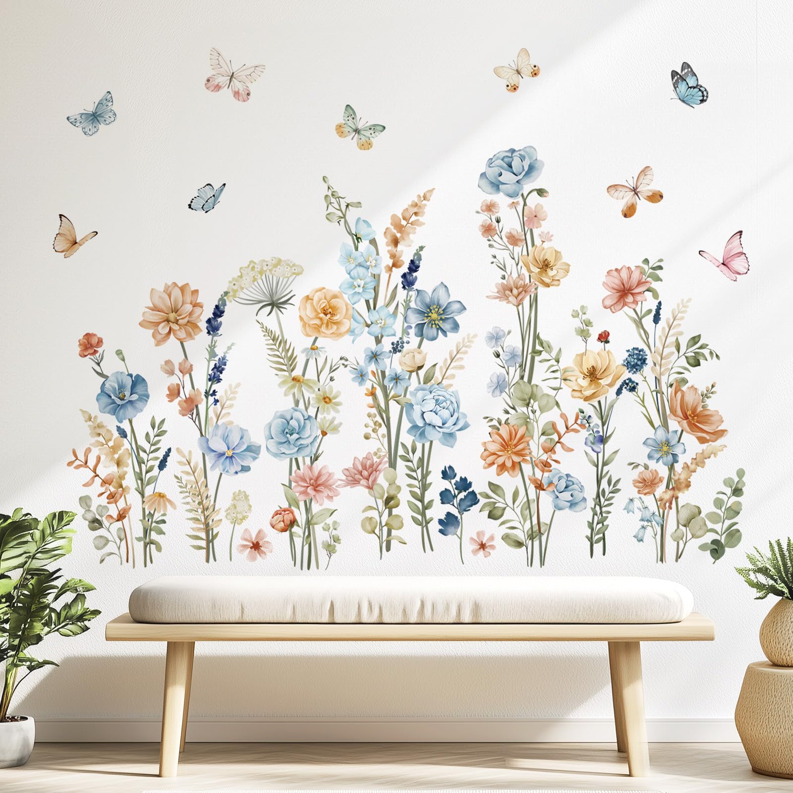 wondever Blue Boho Wildflower Wall Stickers Garden Flowers Grass Peel and Stick Wall Art Decals for Living Room Girls Room Bedroom - Image 3