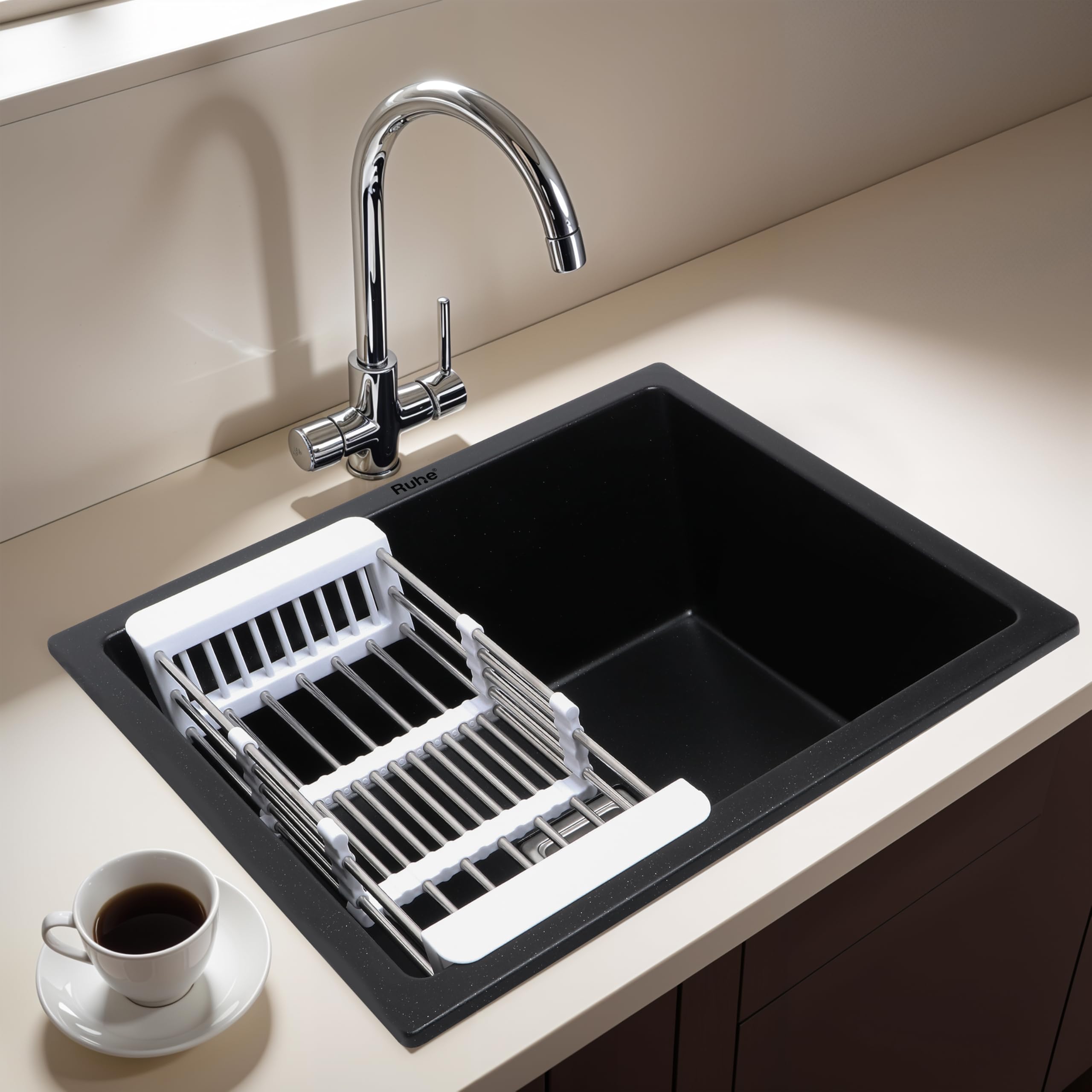 Ruhe® Matte Black Quartz Single Bowl Kitchen Sink - 24x18x9 inches | Noise-Reducing, Durable & Scratch-Resistant Granite Sink | Sink Coupling, Waste Pipe & Vegetable Washing Basket