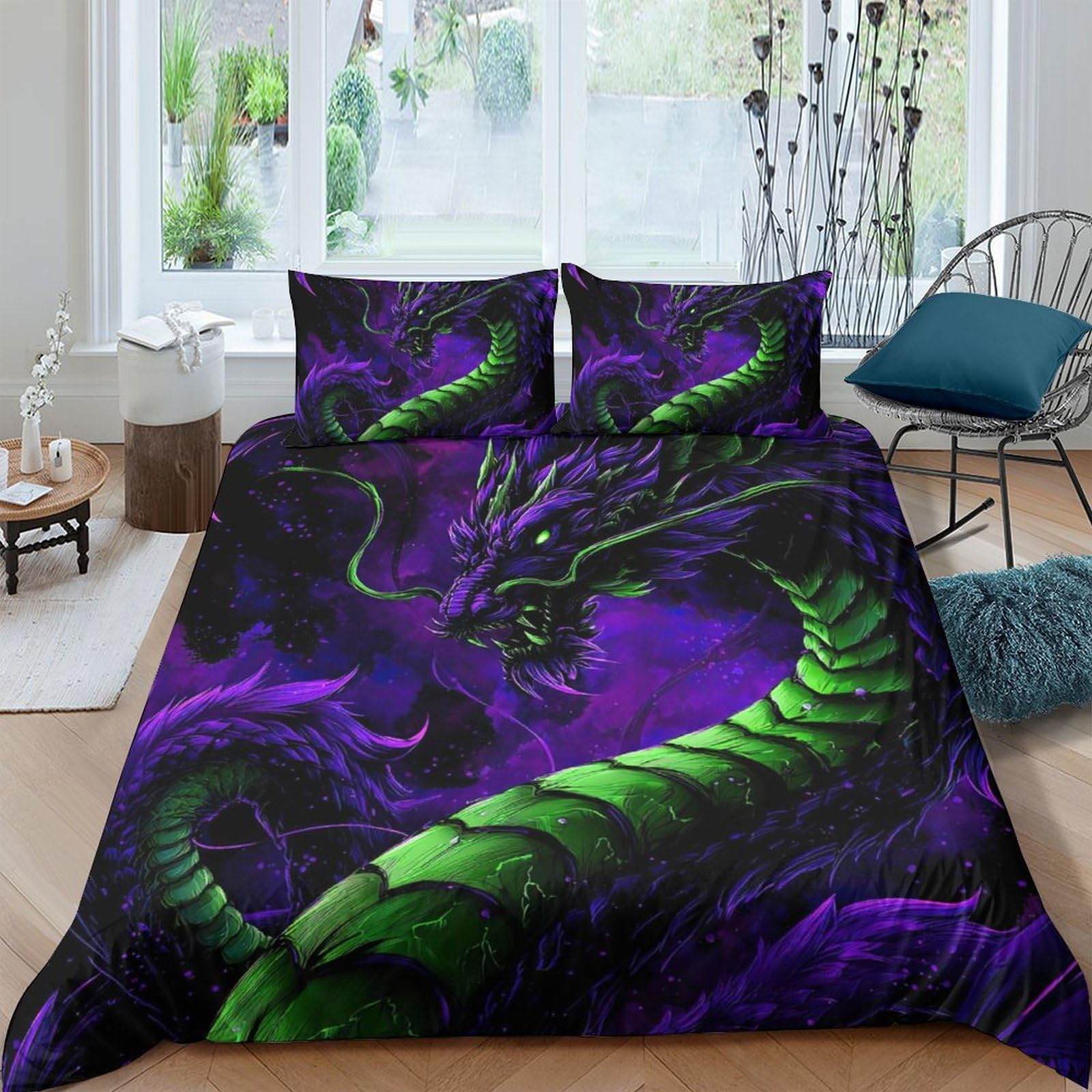 Ctjqhvkz Style-6 3D Printed Green Dragon Fitted Sheet Microfiber Anti-Slip Purple Fantasy Bed Cover For Bedroom Dorm Easy Care Single（135X200cm）