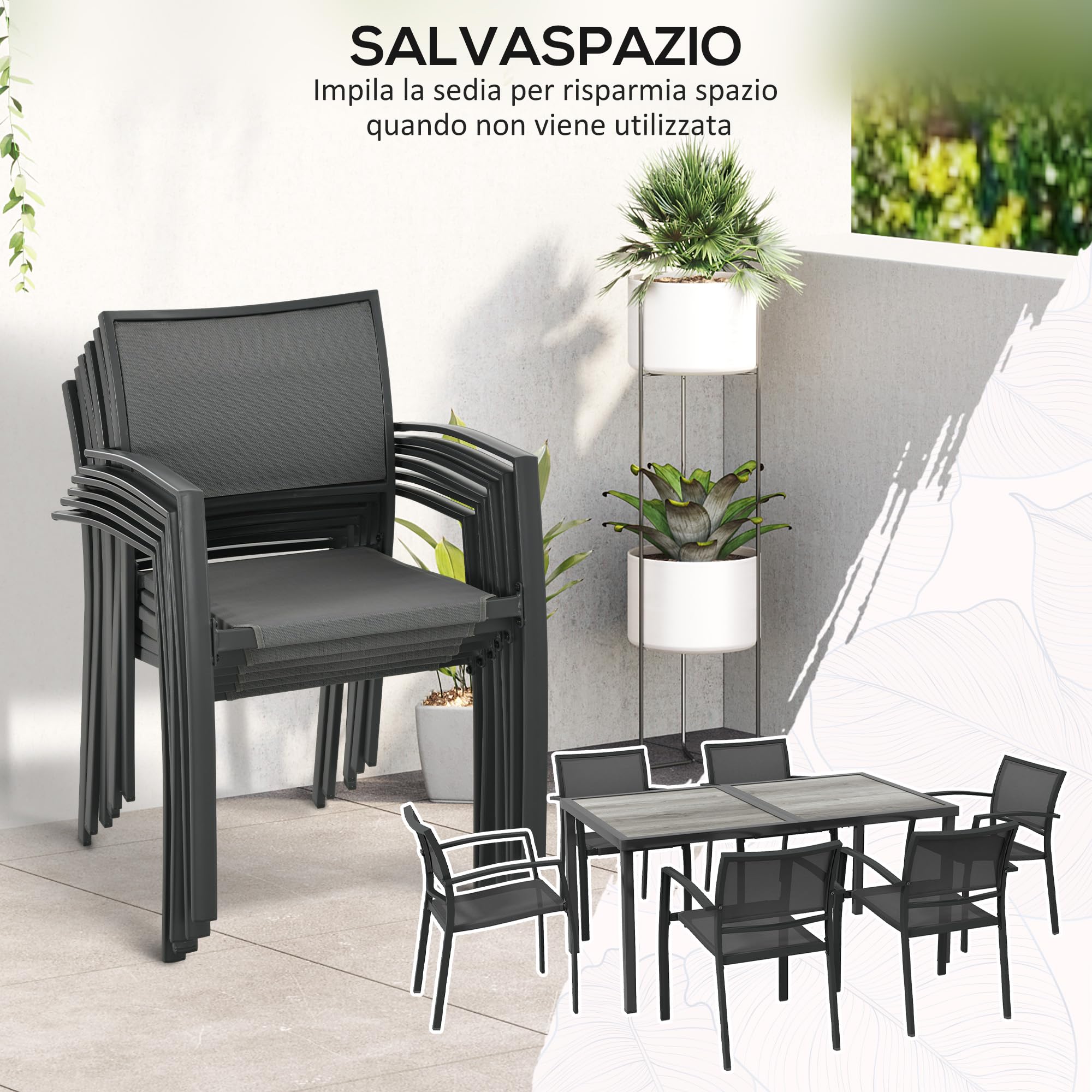 Outsunny Set Tavolo da Giardino con Sedie da 7 Pezzi Set da Pranzo Grigio | Tavolo con Piano in Plastica Effetto Legno, 6 Sedie da Esterno Impilabili con Braccioli, Mobili in Acciaio