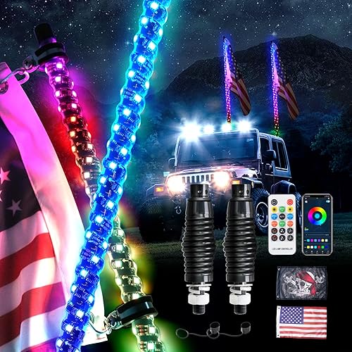 2 luces de látigo de 4 pies con base de resorte, luz LED RGB en espiral con aplicación y control remoto RF, látigos de antena iluminados RGB para