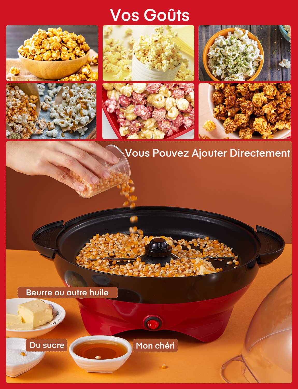FOHERE Machine a Pop Corn, 5,5 L Machine à Pop Corn, Plateau Amovible, Revêtement Antiadhésif, Silencieux et Rapide, Couvercle Transparent Pouvant être Utilisé Comme Récipient (Rouge)