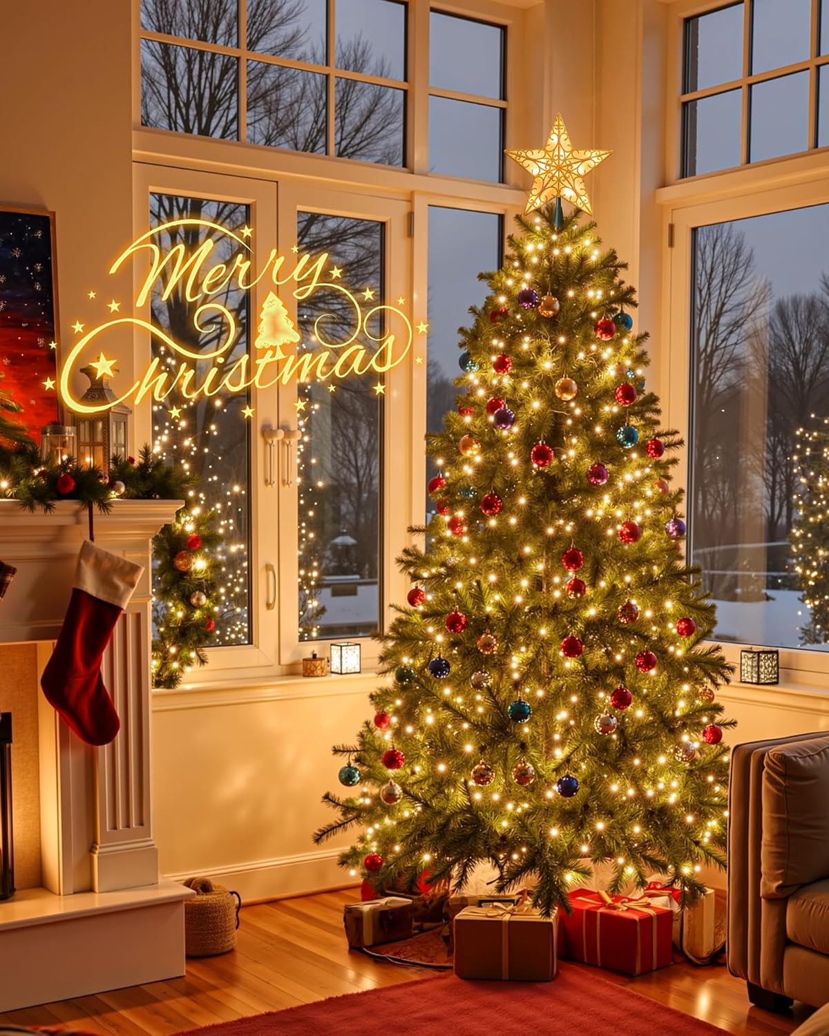 Christmas Star Tree Topper, Plug in Sliver Glittered 3D Star Tree Topper, Metal Hollow Designed Built-in 10 Bulbs String Lights for Indoor Office Christmas New Year Holiday Tree Decoration