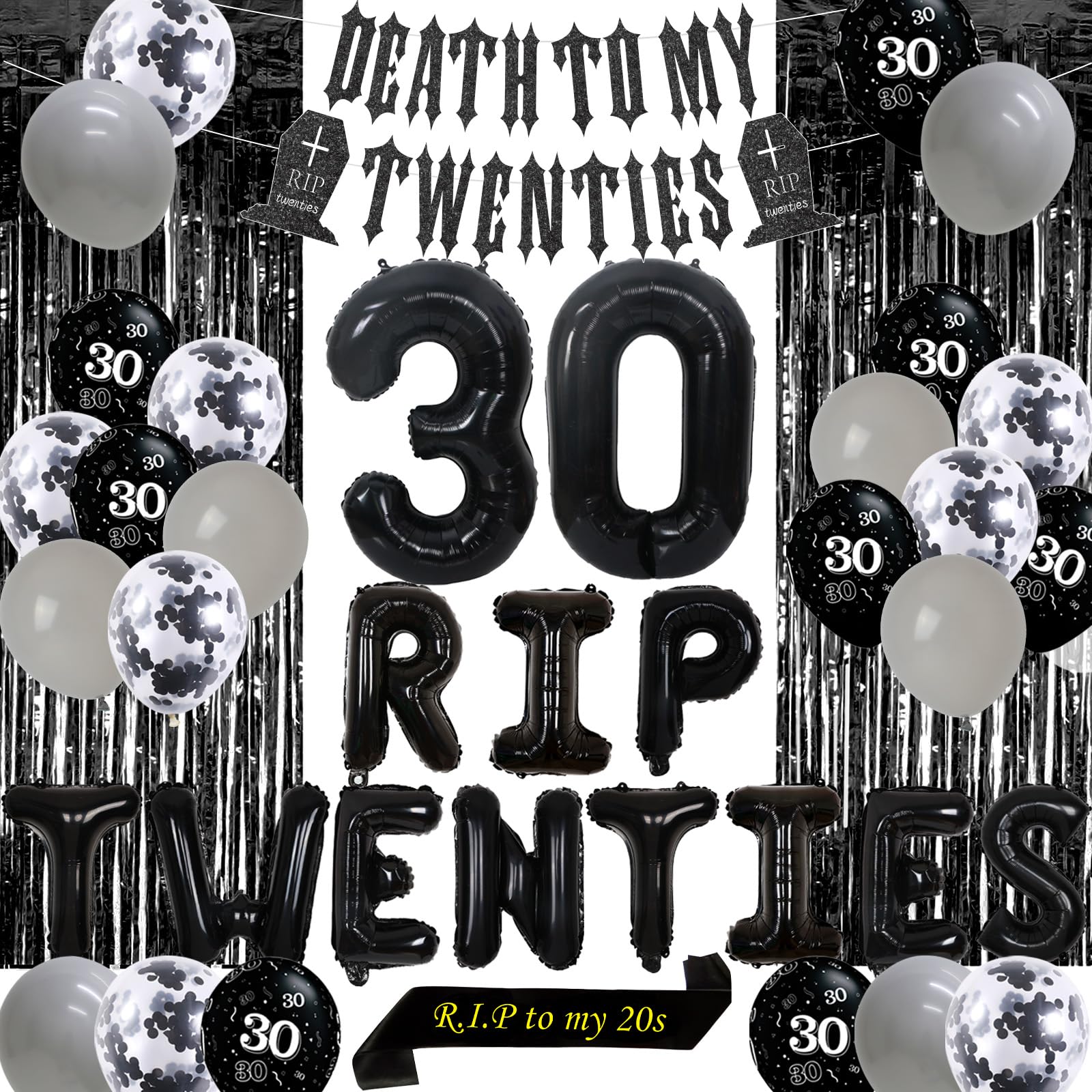 Sursurprise 30th Birthday Decoration Black, 30 Rip Twenties Balloon for Men Women, Death to My Twenties Banner, Rip to My 20s Sash Her or Him Funny Thirty Birthday Party Supplies