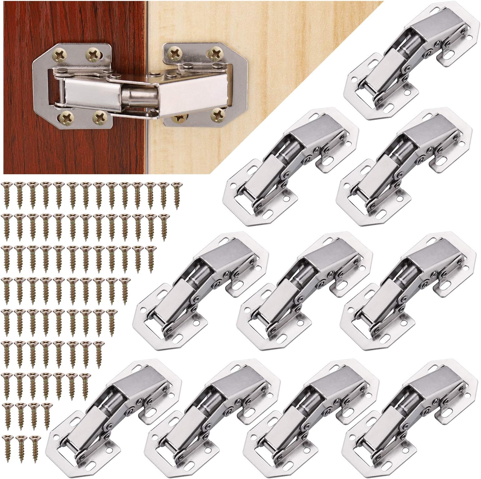 JIZZU 10Pcs Silent Close Hinges for Kitchen Cupboard Doors, 90 Degree Hinge for Wardrobe, Bathroom Cabinet