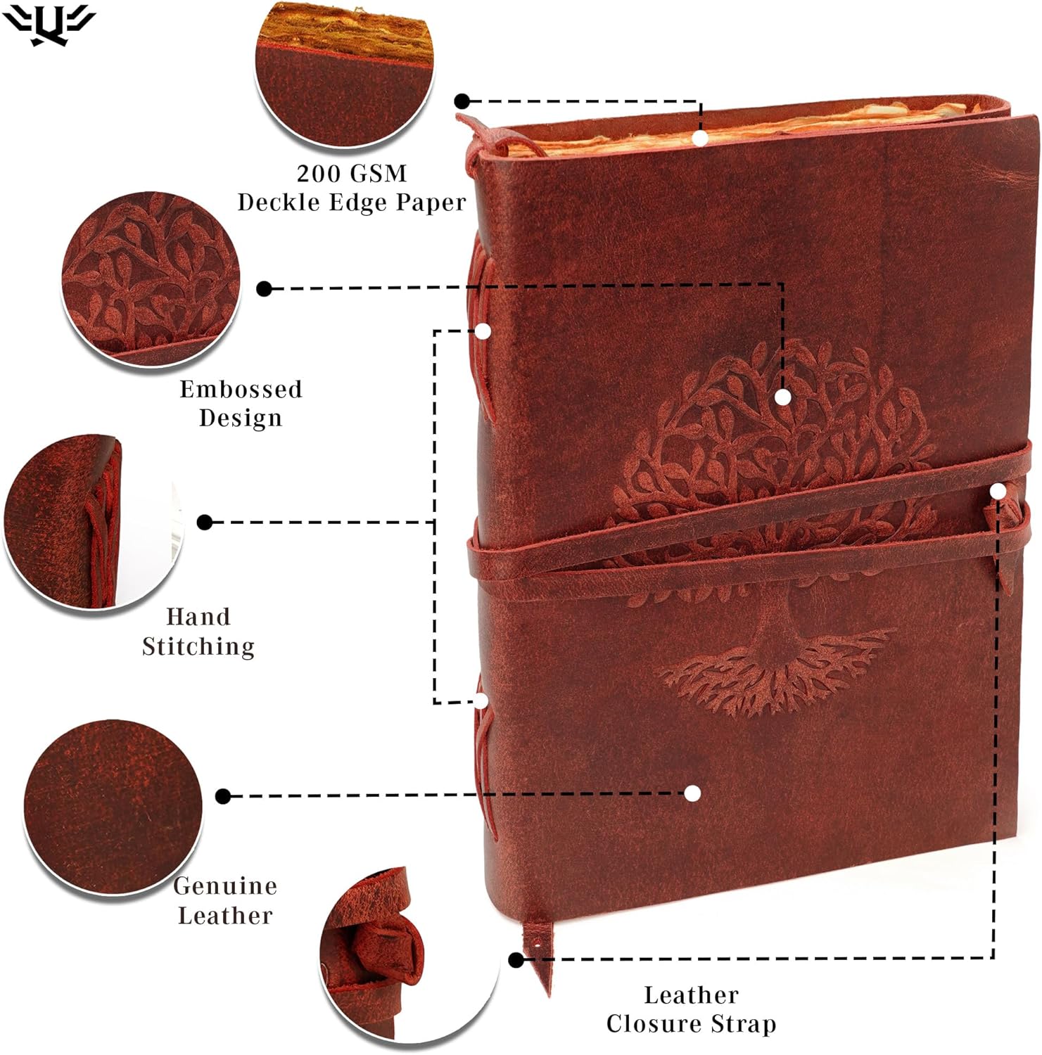 Tree Of Life Leather Journal for Women and Men, Handcrafted Leather Journal for Writing Womens, Sketchbook, Travel Diary with Unlined Deckle Paper, Wine Red 7x10