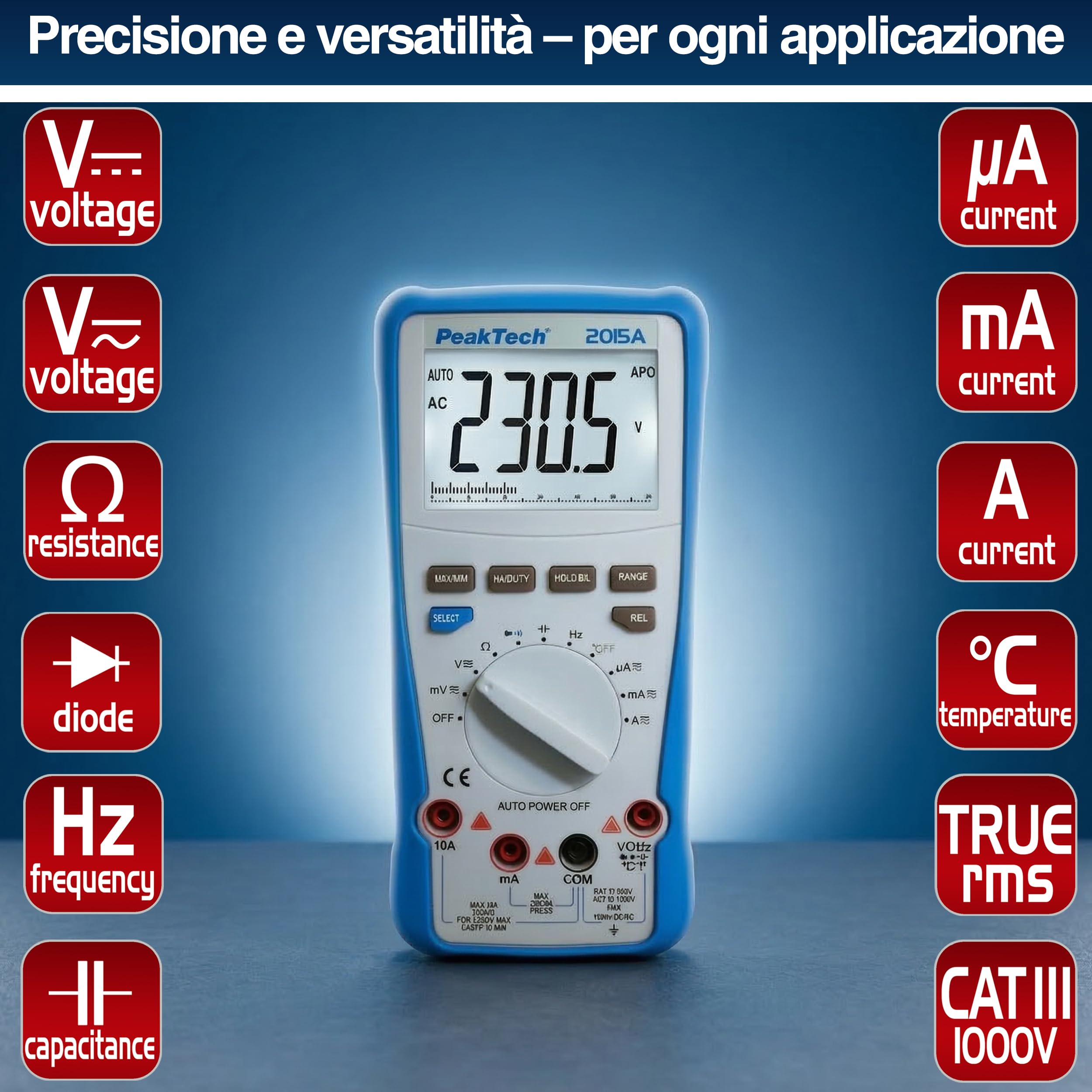 PeakTech® P 2015 A Multimetro digitale a vero valore efficace ~ 4.000 conteggi ~ 1000V AC/DC ~ 10A AC/DC ~ Auto-Range