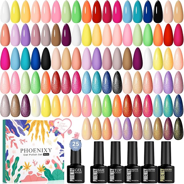 Phoenixy 30 PCS Gel Nail Polonais 25 Couleurs Gel Nail Polish Set avec base manteau mat brillant et Glitter Top manteau rose rouge vert Cadeaux de départ pour les femmes