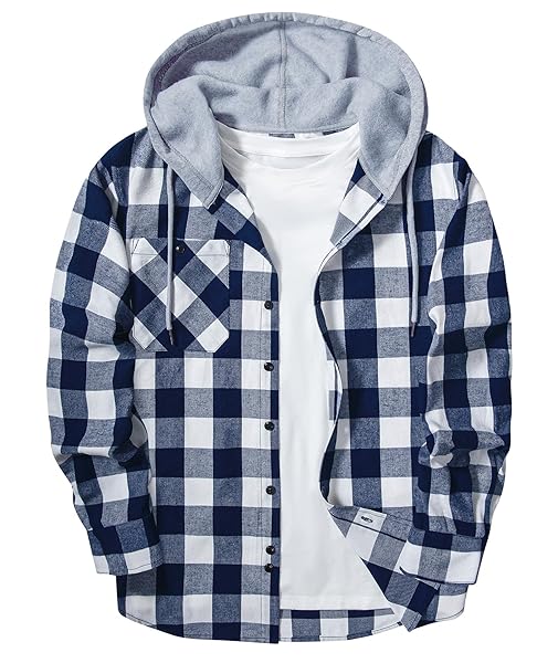 ZITY Men's Flannel Hoodie Shirts Casual Button Down Plaid Shirt Jackets for Men Long Sleeve Stylish Hooded with Pocket