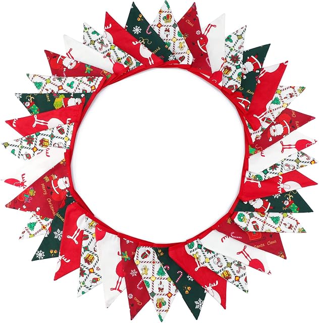 G2PLUS 10M Fabric Christmas Buntings - 36PCS Double Sided Xmas Banner - 17x19CM Vintage Cloth Shabby Chic Decoration for Christmas