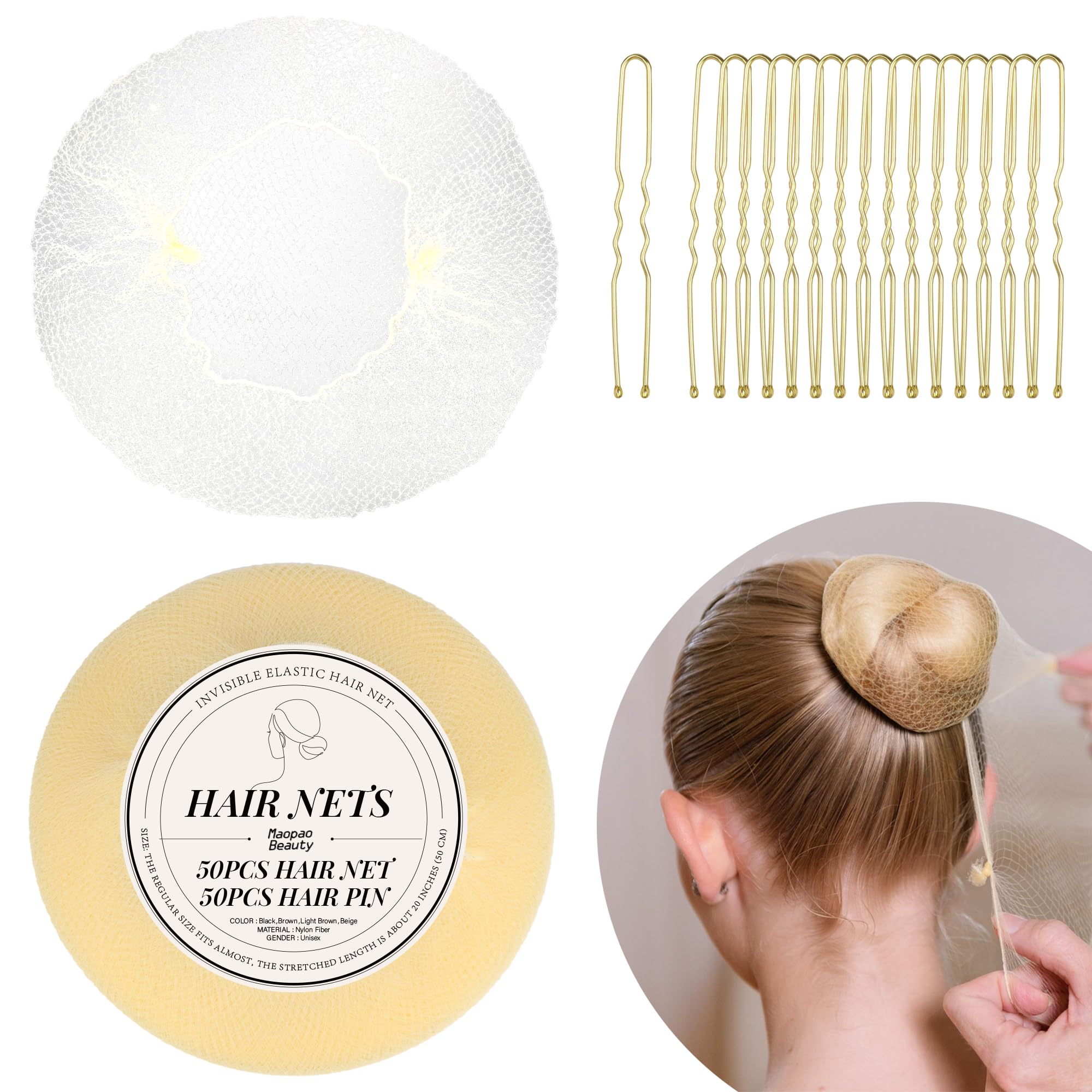 Amazon.com: 100PCS Sets Beige Hair Nets Invisible and U  display picture 3