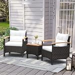 Tangkula 3-Piece Ensemble de meubles de patio, Canapé extérieur de rotin Patiojoy avec table de café, ensemble de conversation de p ratio avec coussin amovible, accoudoirs en bois d'Acacia confortable pour jardin, côté piscine (hors blanc)